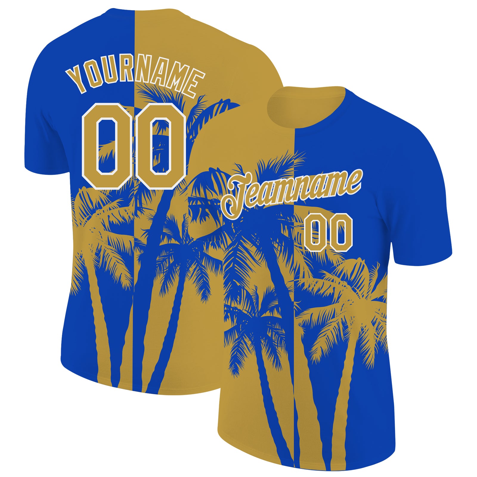 Custom Thunder Blue Old Gold-White Hawaii Tropical Coastal Palm Trees Performance T-Shirt