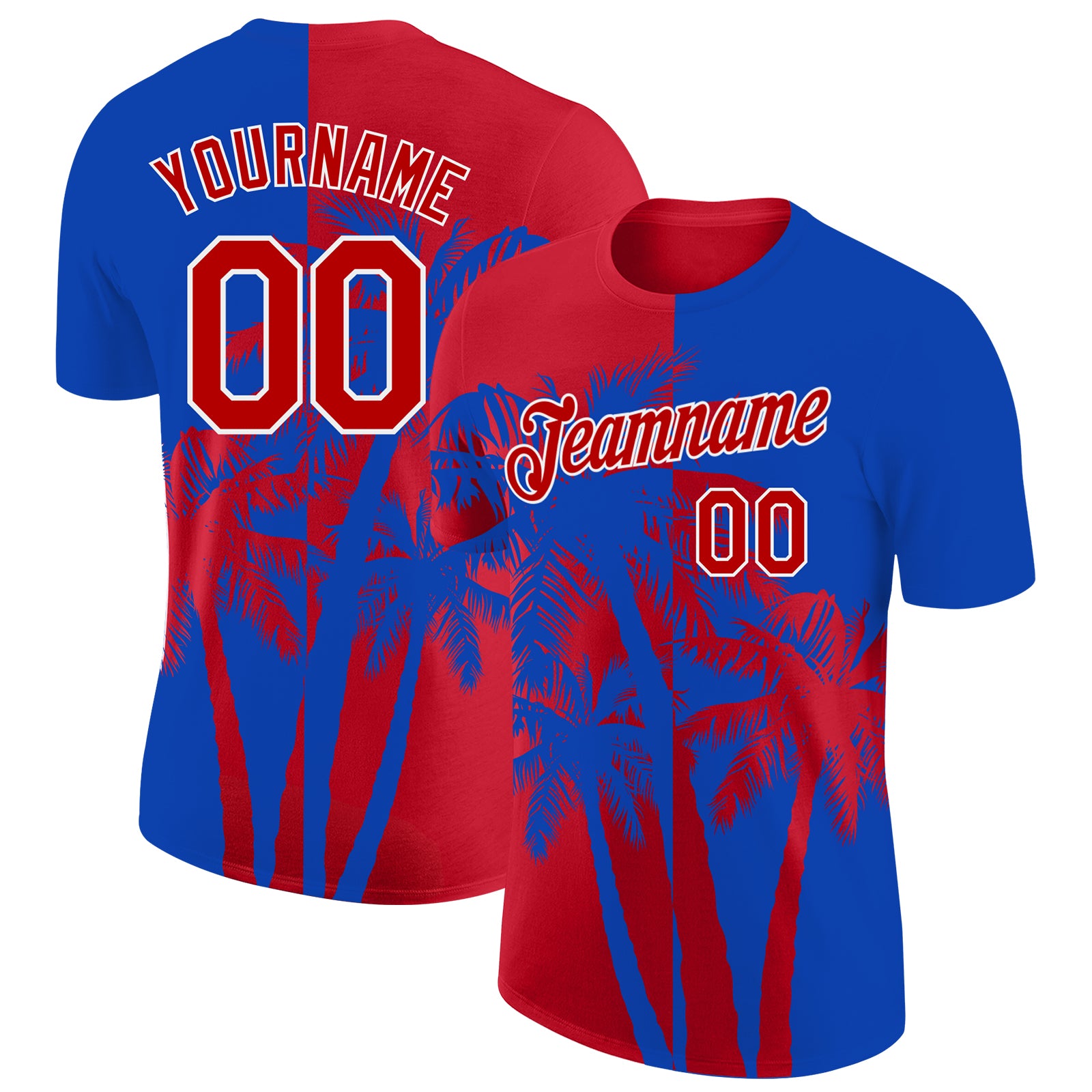 Custom Thunder Blue Red-White Hawaii Tropical Coastal Palm Trees Performance T-Shirt