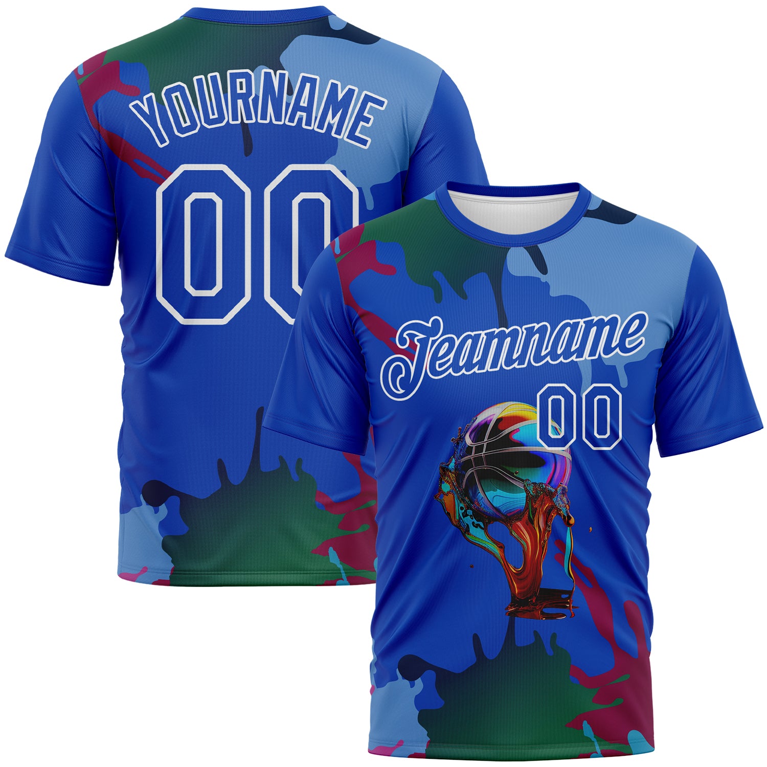 Custom Thunder Blue-White 3D Pattern Paint Splash Basketball Graffiti Style Performance T-Shirt