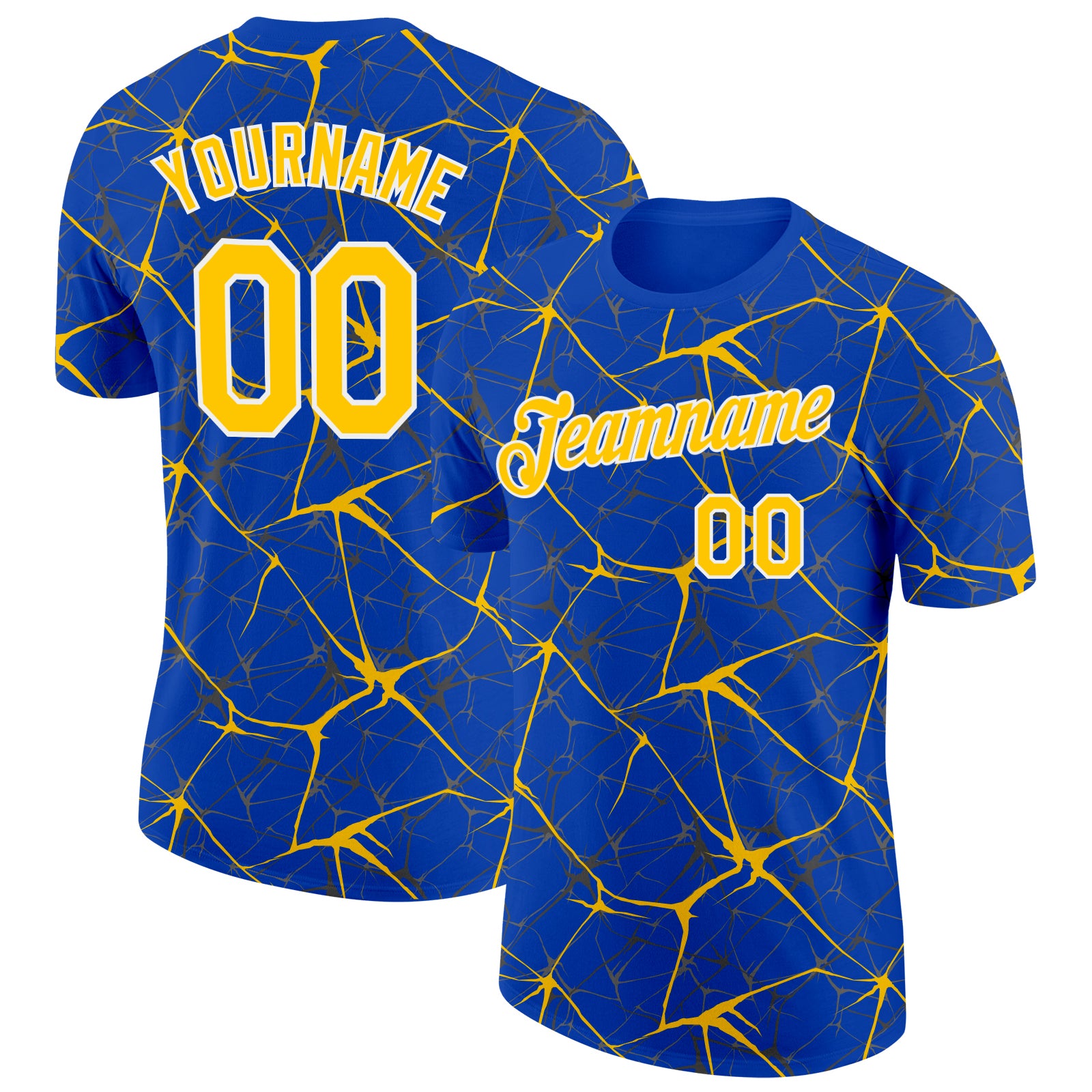 Custom Thunder Blue Yellow Gray-White Abstract Network Crackle Performance T-Shirt