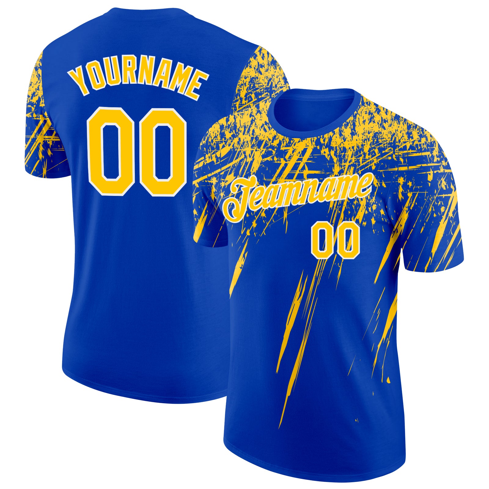 Custom Thunder Blue Yellow-White Distressed Scratch Brush Stroke Performance T-Shirt