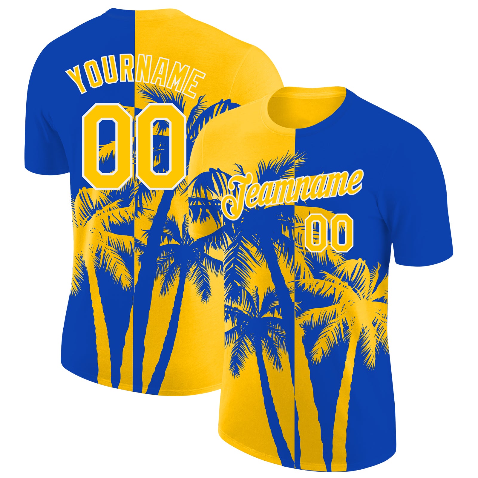 Custom Thunder Blue Yellow-White Hawaii Tropical Coastal Palm Trees Performance T-Shirt