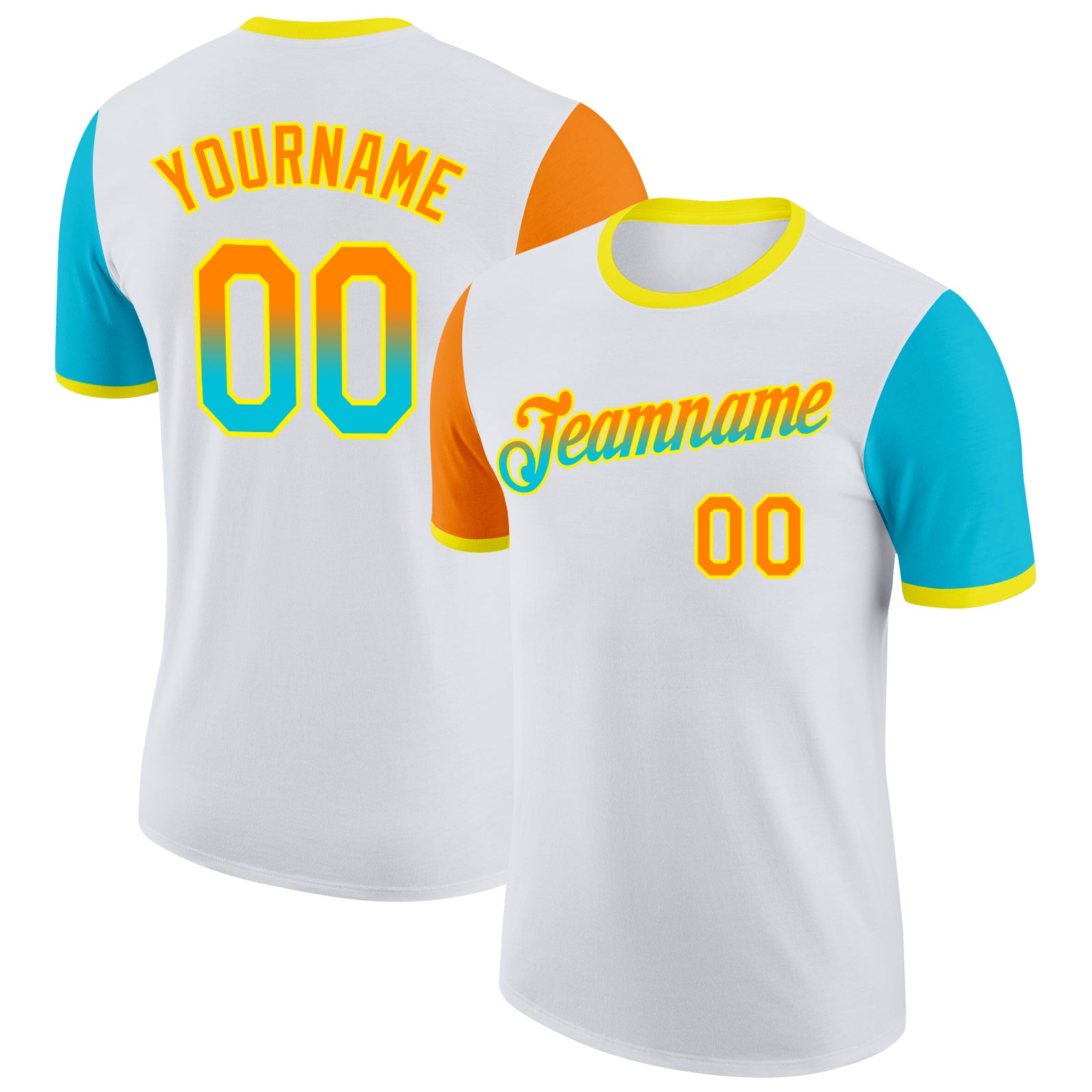 Custom White Bay Orange Lakes Blue-Light Yellow Gradient Two Tone Performance T-Shirt