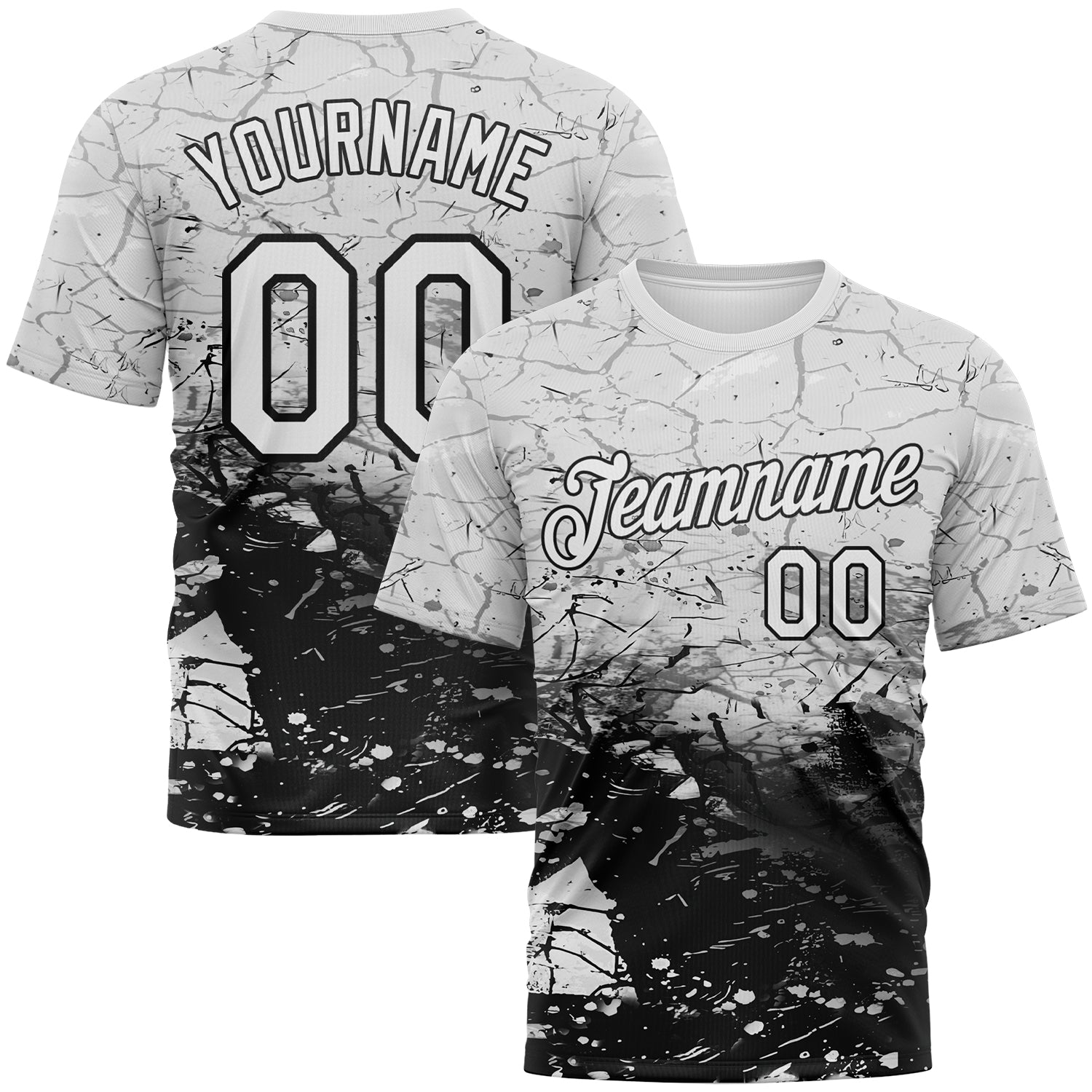 Custom White-Black 3D Pattern Cracked Ink Grunge Jazz Style Performance T-Shirt