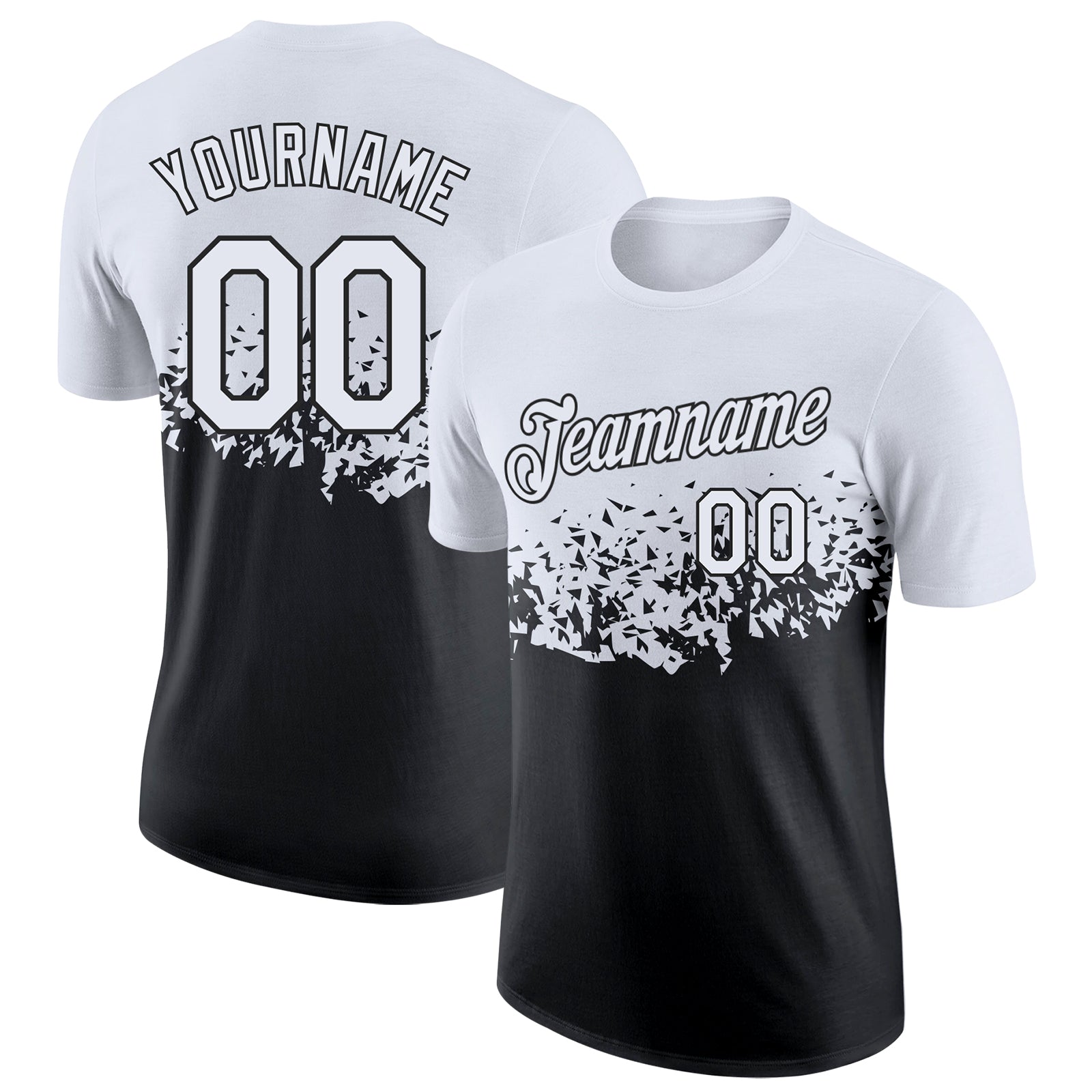 Custom White-Black Fade Geometric Splatter Fragmented Shards Performance T-Shirt