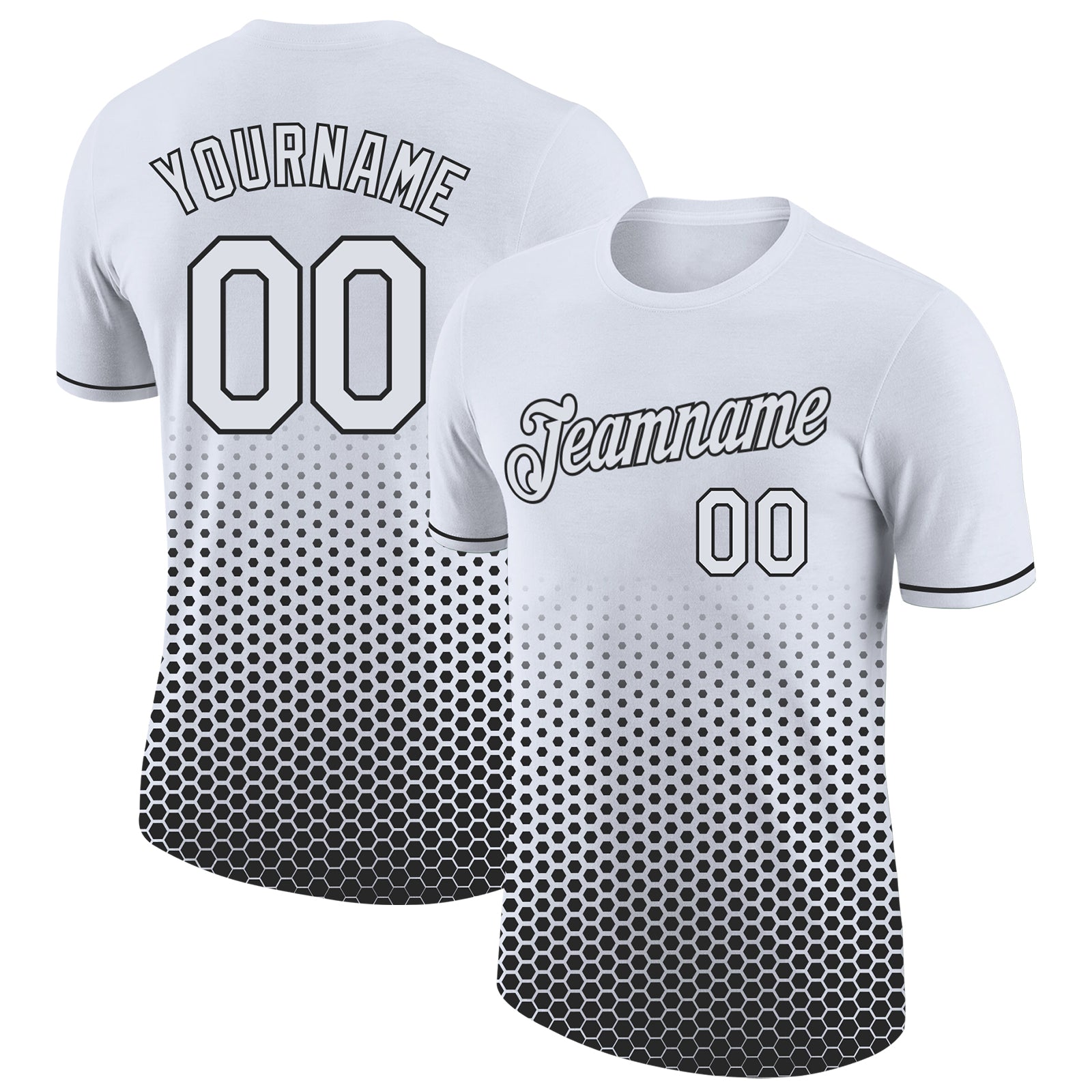 Custom White-Black Geometric Hexagonal Dot Gradient Performance T-Shirt