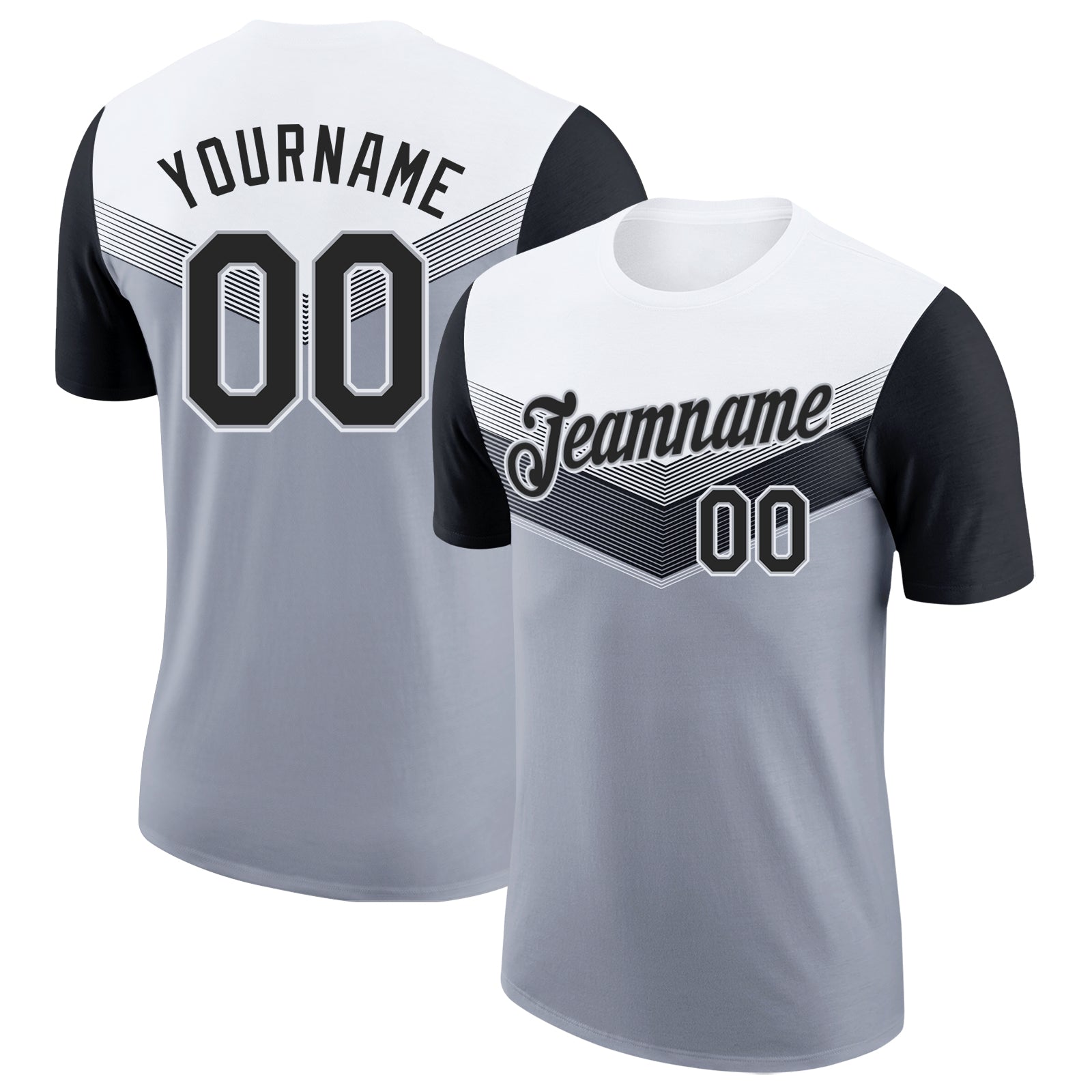 Custom White Black-Gray Geometric V-Lines Color Block Performance T-Shirt