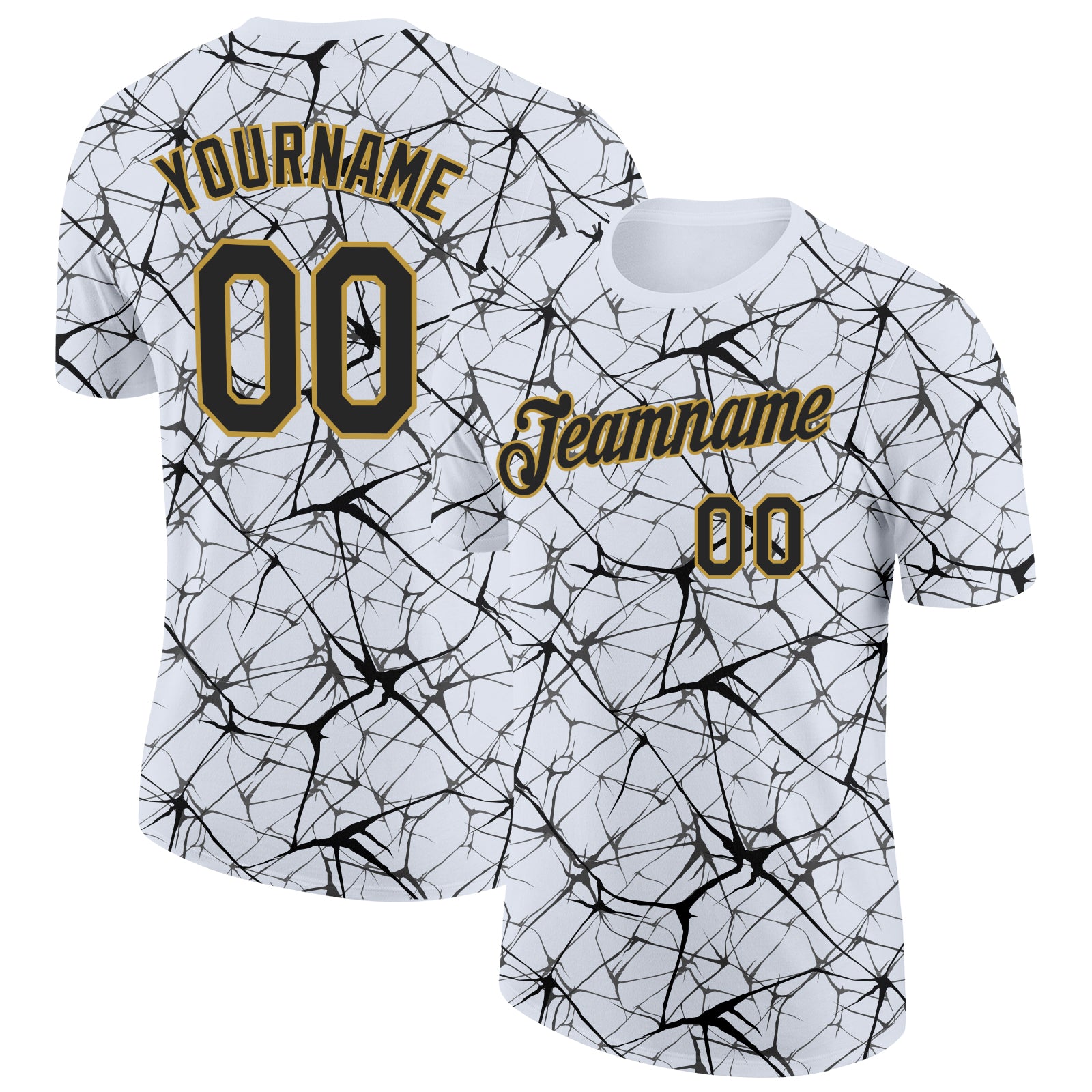 Custom White Black Gray-Old Gold Abstract Network Crackle Performance T-Shirt