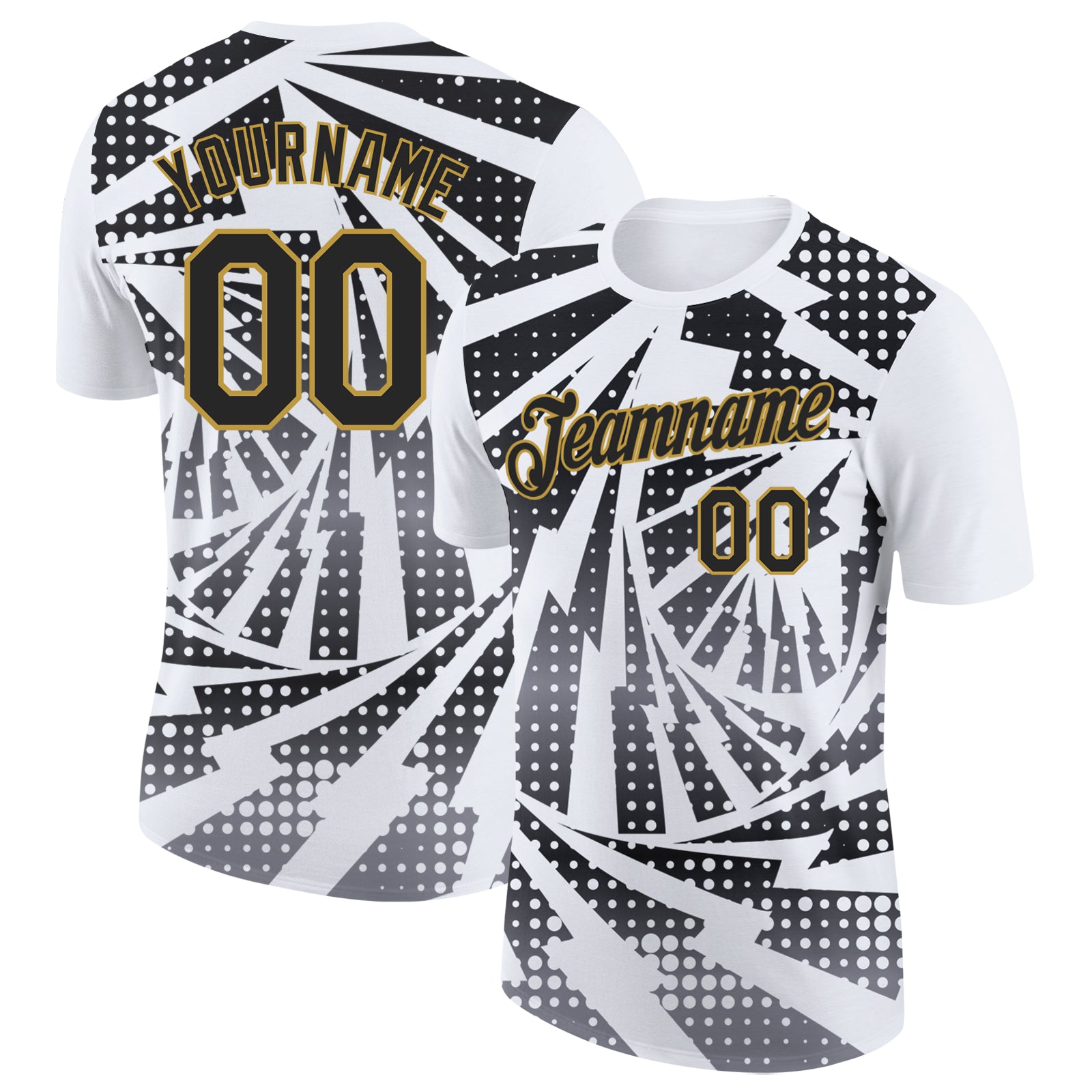 Custom White Black Gray-Old Gold Lightning Gradient Dot Performance T-Shirt