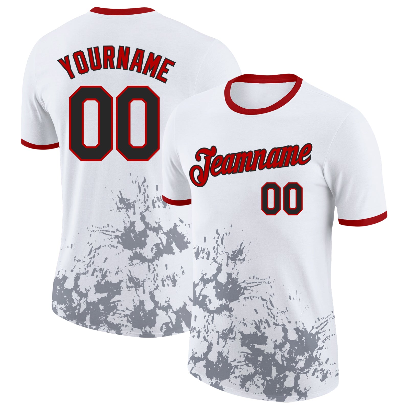 Custom White Black Gray-Red Brush Stroke Splatter Performance T-Shirt