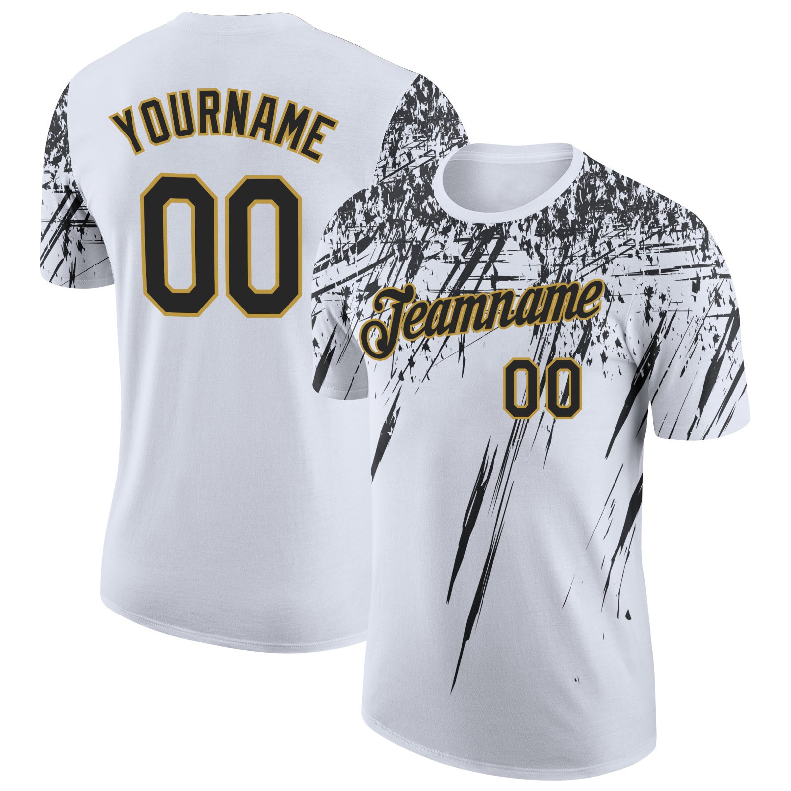 Custom White Black-Old Gold Distressed Scratch Brush Stroke Performance T-Shirt
