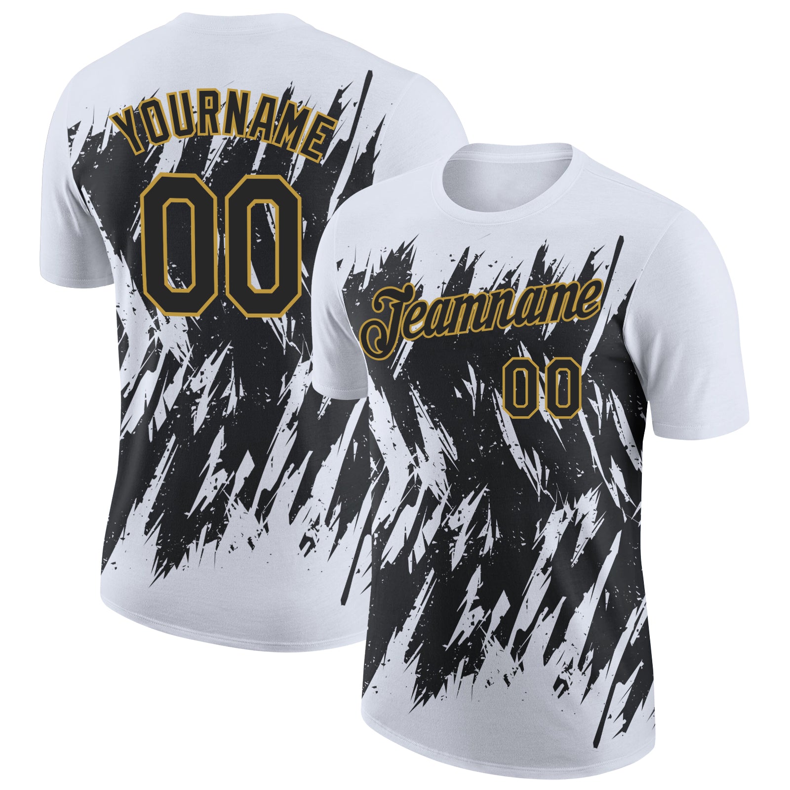 Custom White Black-Old Gold Torn Sharp Brush Stroke Splatter Performance T-Shirt