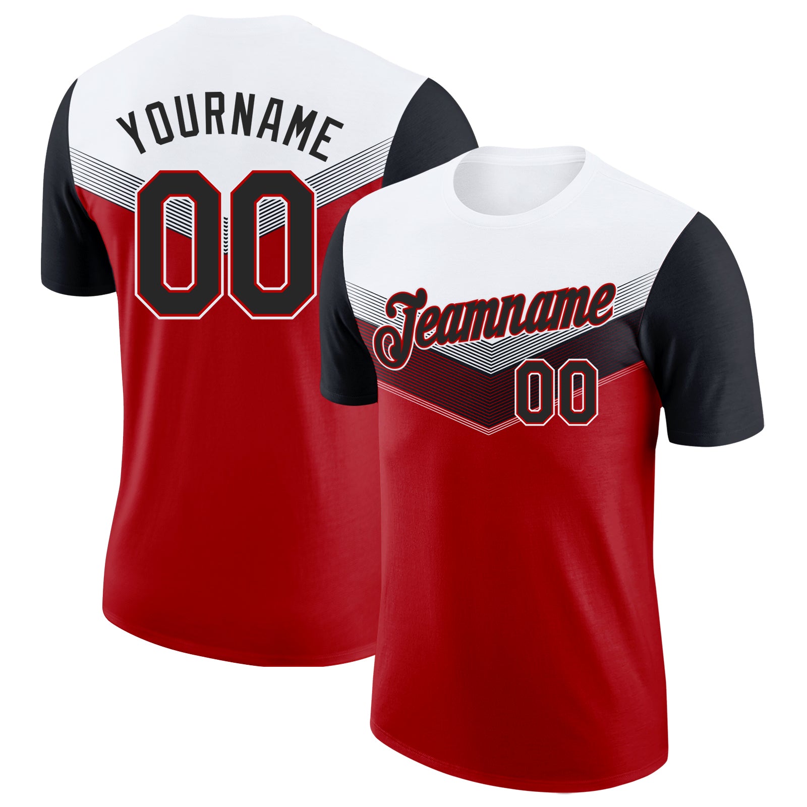 Custom White Black-Red Geometric V-Lines Color Block Performance T-Shirt
