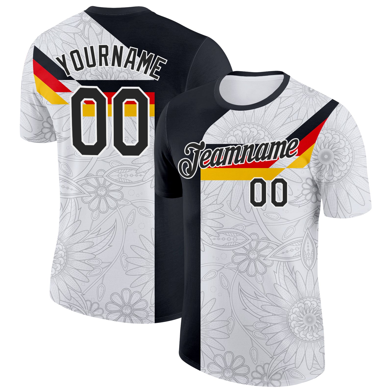 Custom White Black Red-Yellow Germany Flower Performance T-Shirt