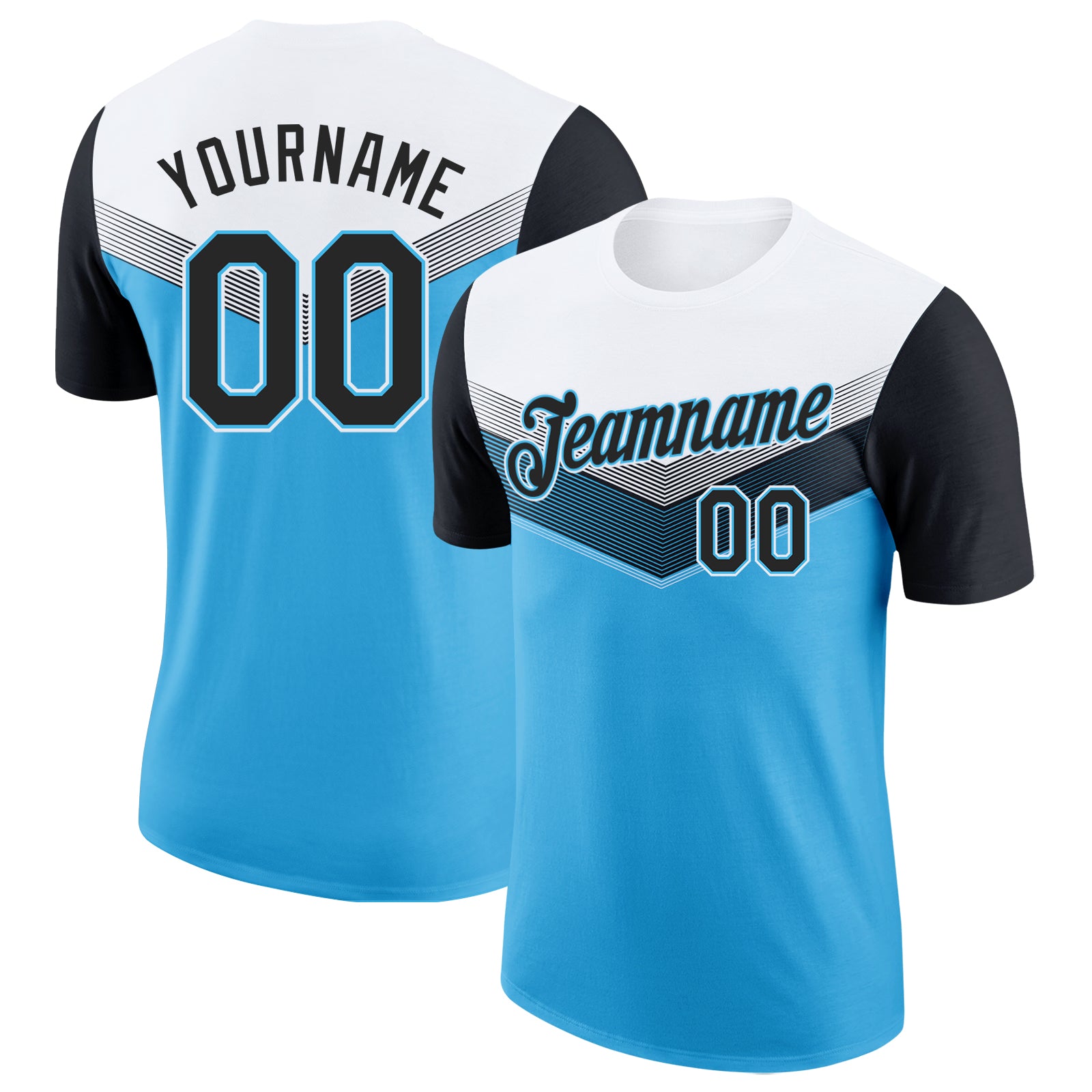 Custom White Black-Sky Blue Geometric V-Lines Color Block Performance T-Shirt