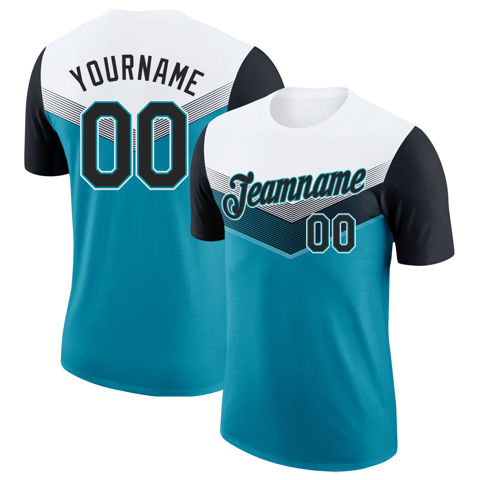 Custom White Black-Teal Geometric V-Lines Color Block Performance T-Shirt