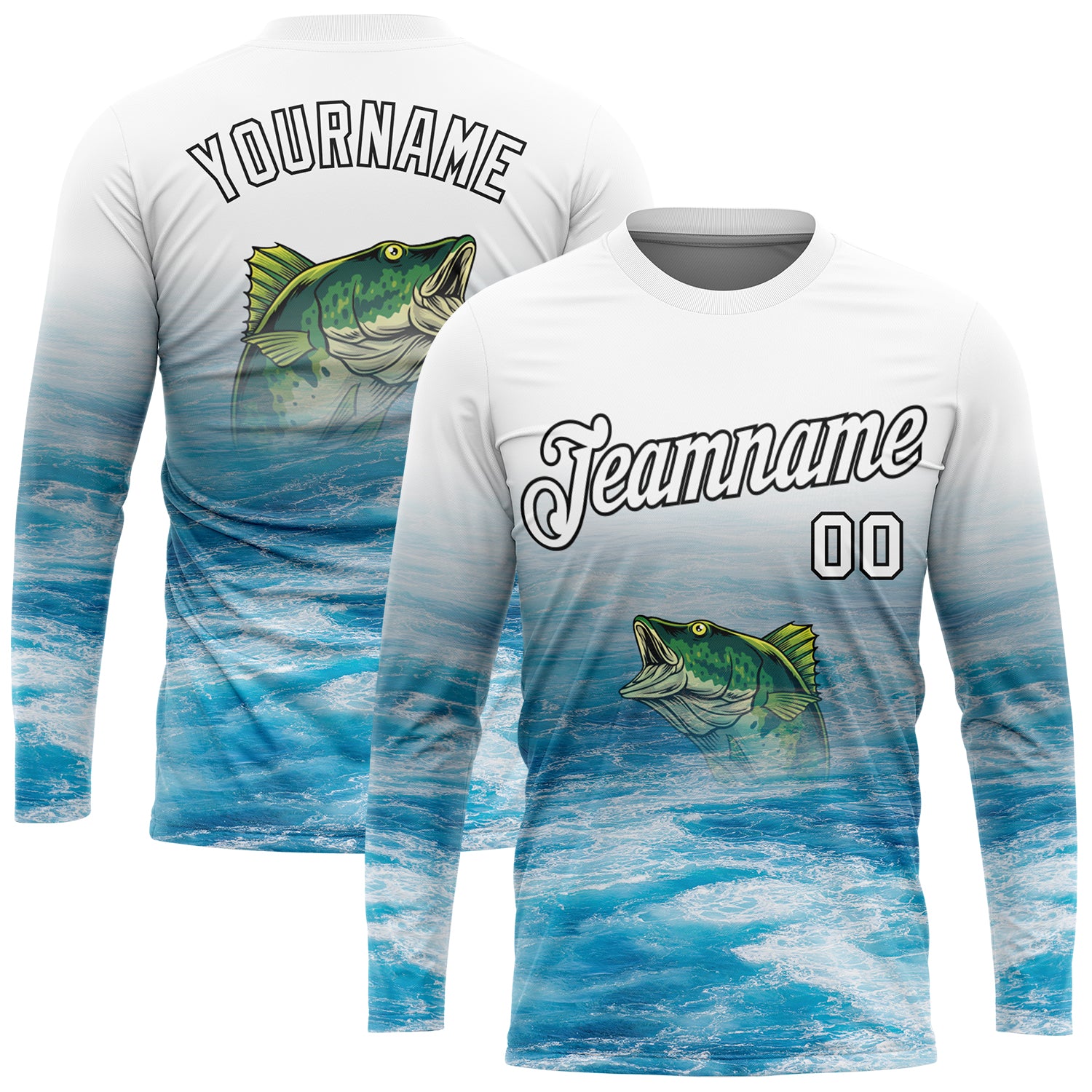 Custom White Blue-Black Fishing Bass Fish Long Sleeve Performance T-Shirt
