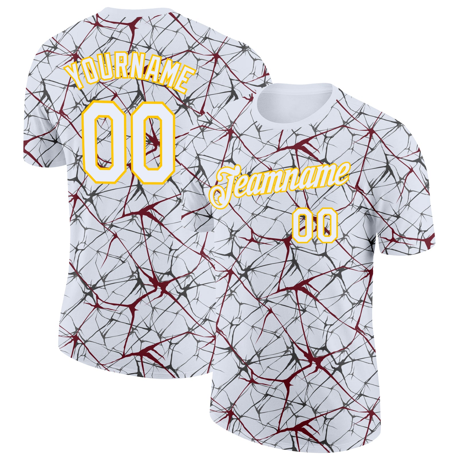 Custom White Burgundy Gray-Yellow Abstract Network Crackle Performance T-Shirt