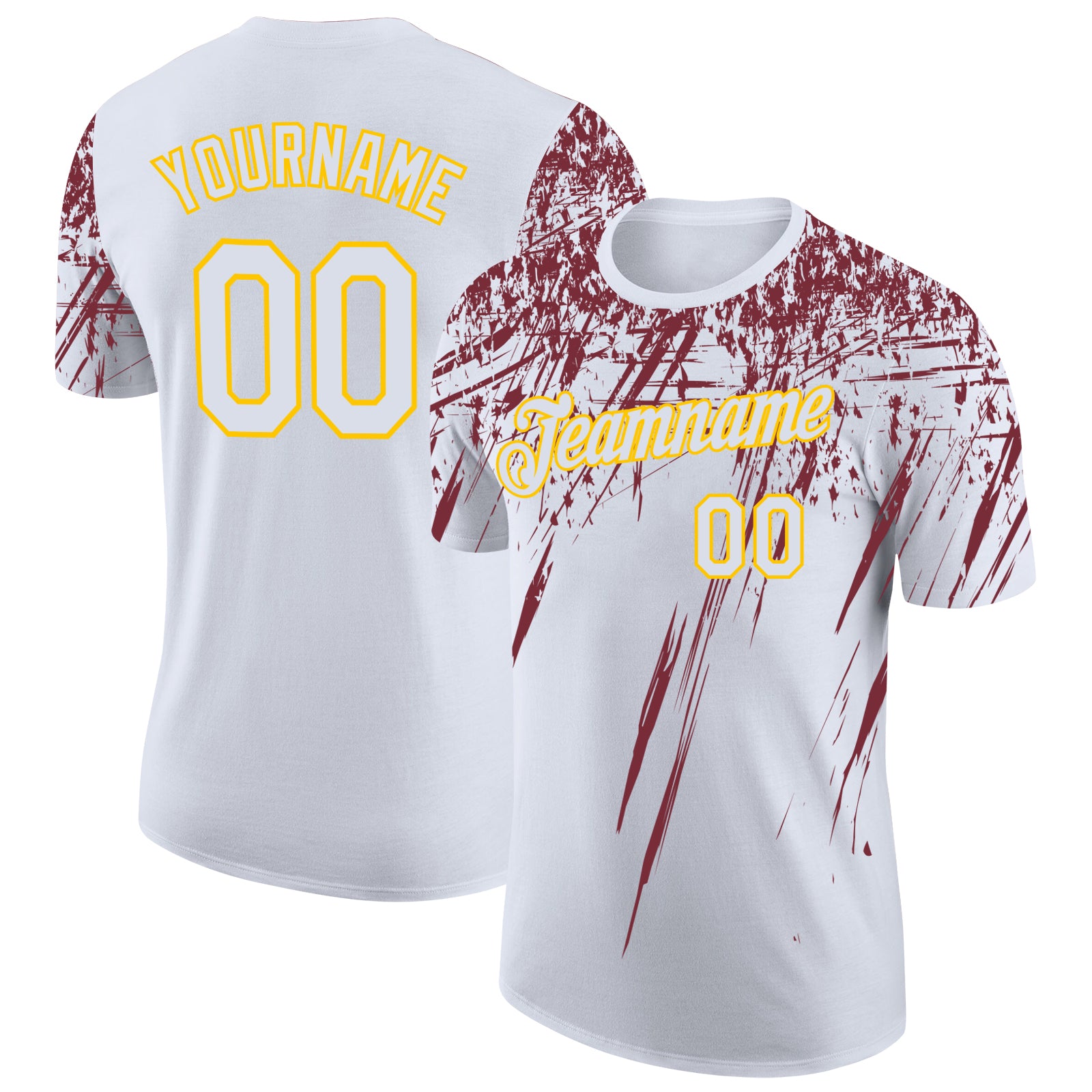 Custom White Burgundy-Yellow Distressed Scratch Brush Stroke Performance T-Shirt