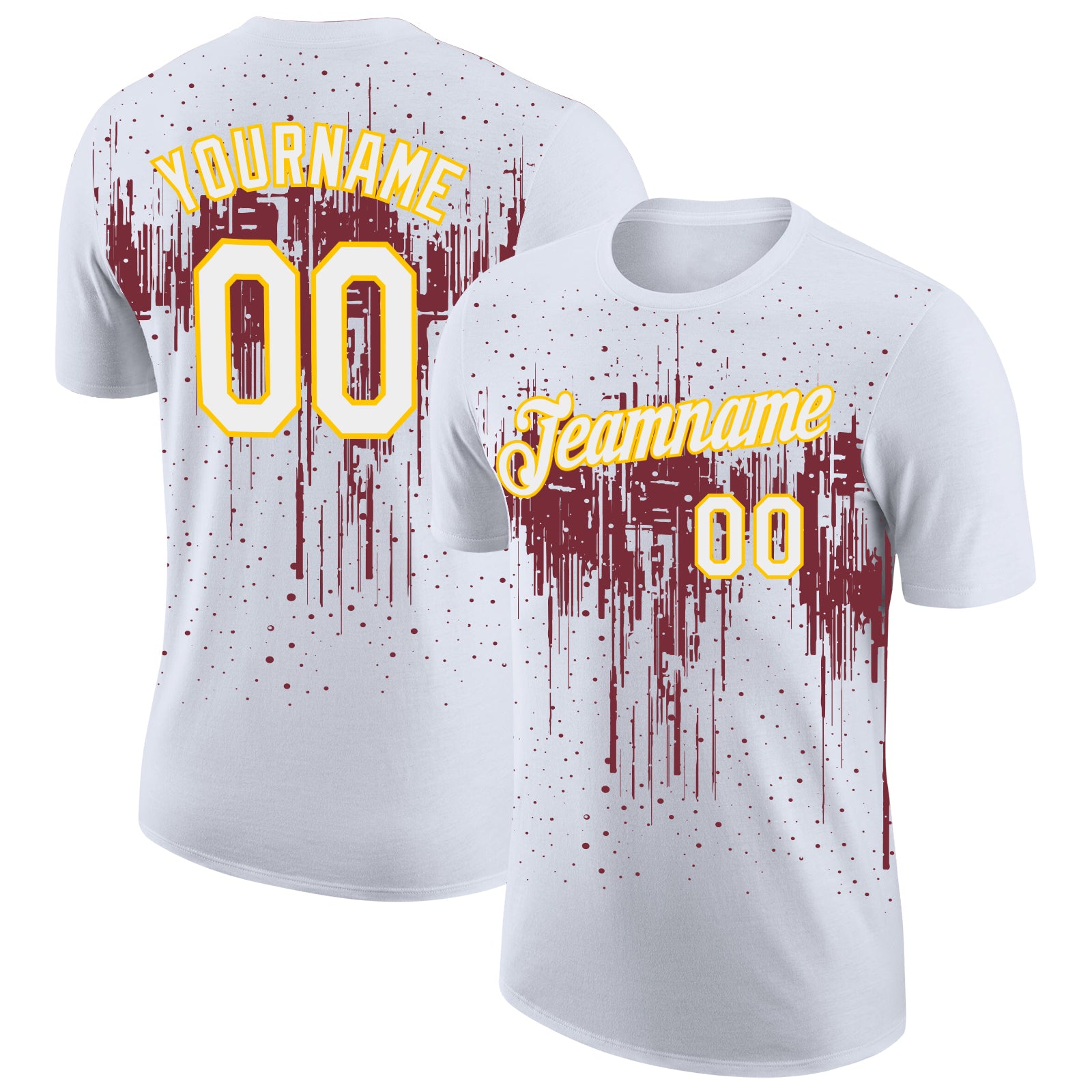 Custom White Burgundy-Yellow Dripping Splatter Paint Performance T-Shirt