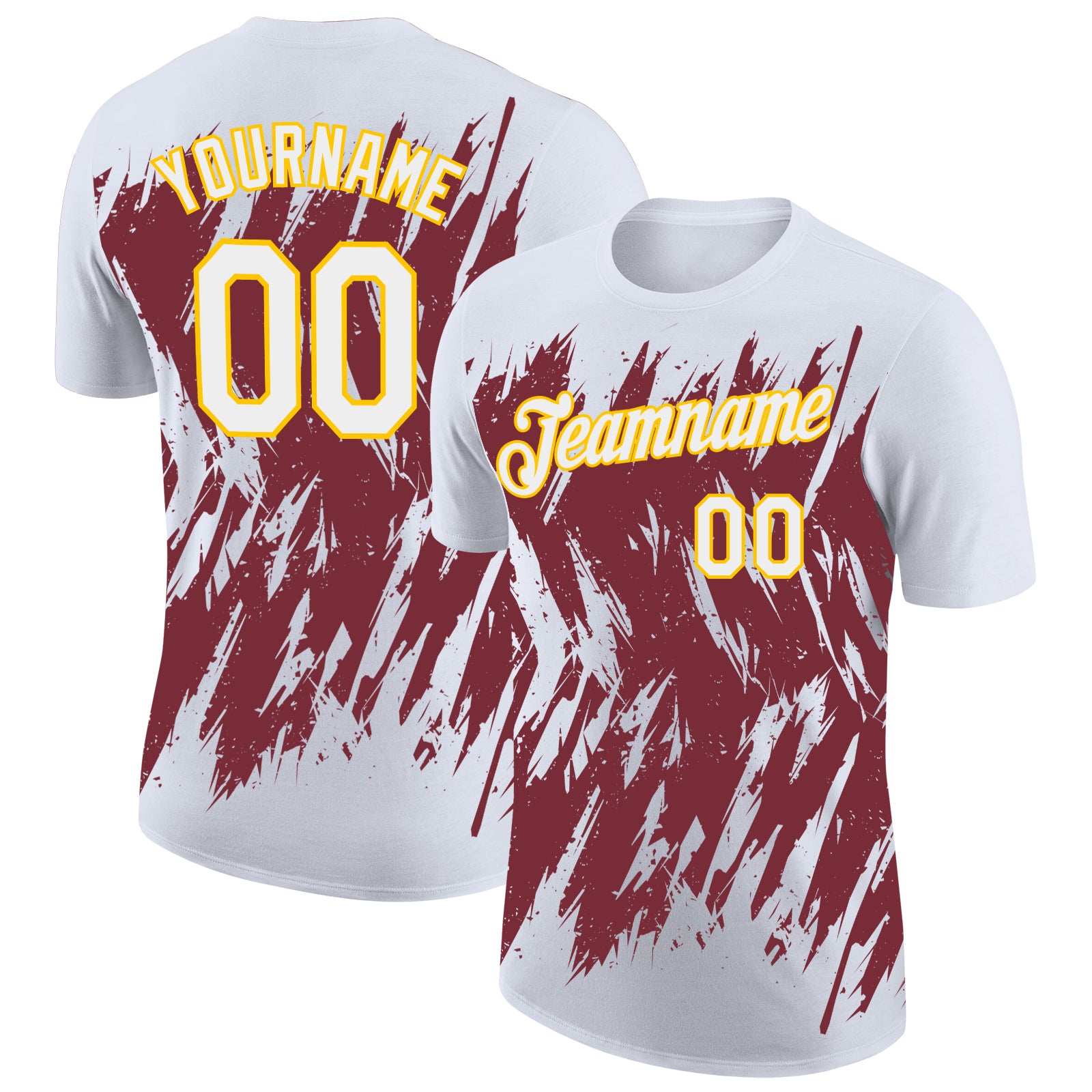 Custom White Burgundy-Yellow Torn Sharp Brush Stroke Splatter Performance T-Shirt