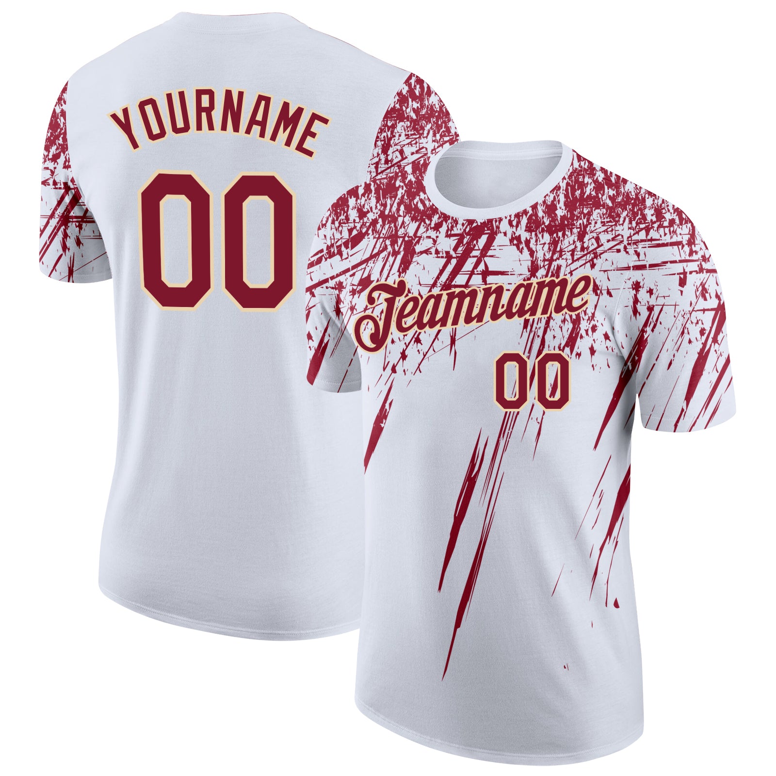 Custom White Crimson-City Cream Distressed Scratch Brush Stroke Performance T-Shirt