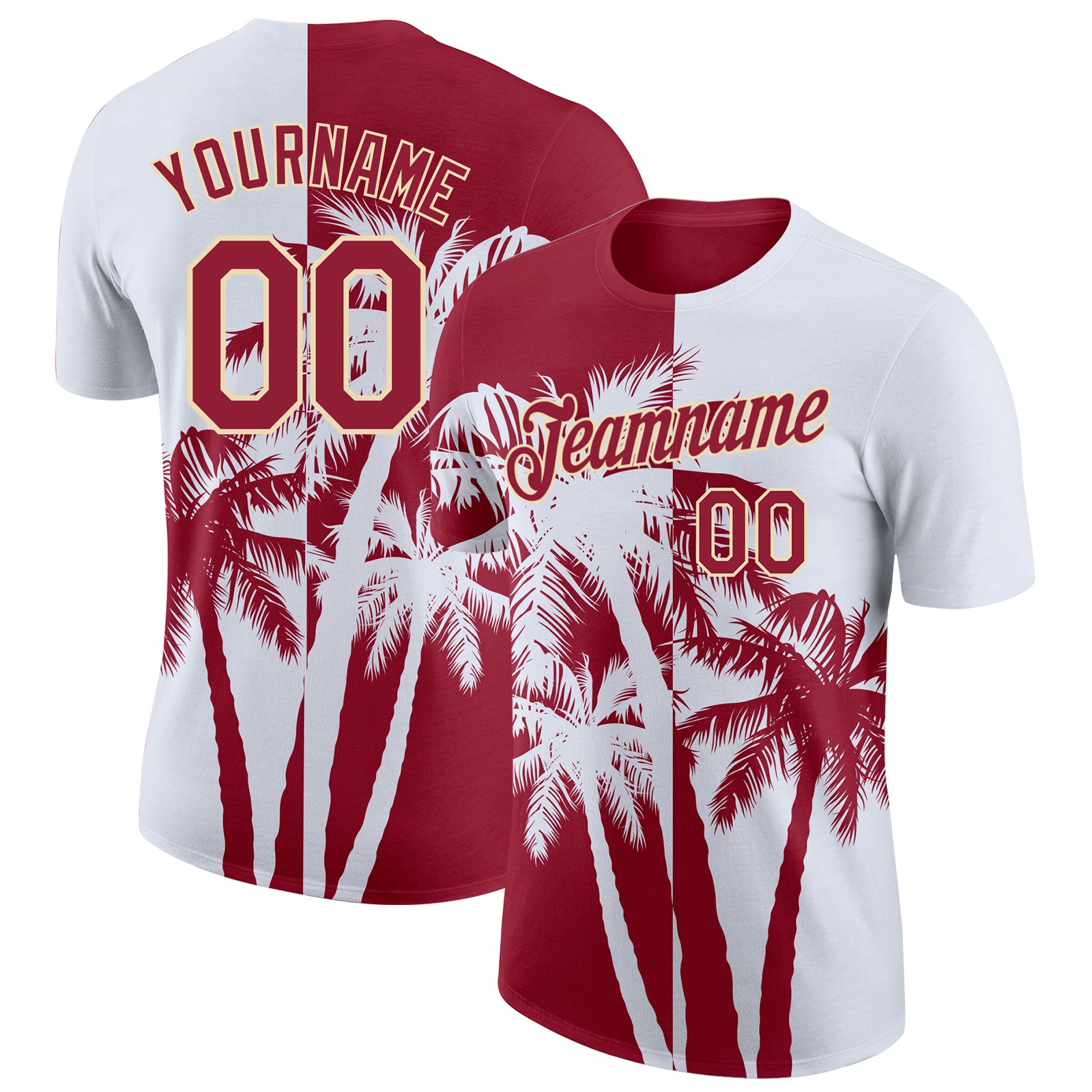 Custom White Crimson-Cream Hawaii Tropical Coastal Palm Trees Performance T-Shirt