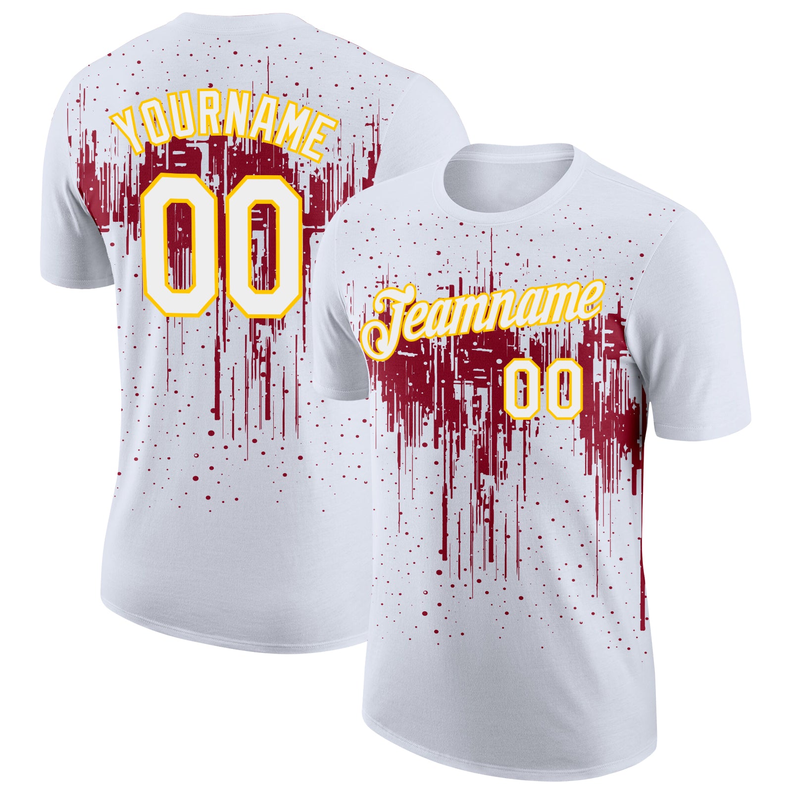 Custom White Crimson-Yellow Dripping Splatter Paint Performance T-Shirt