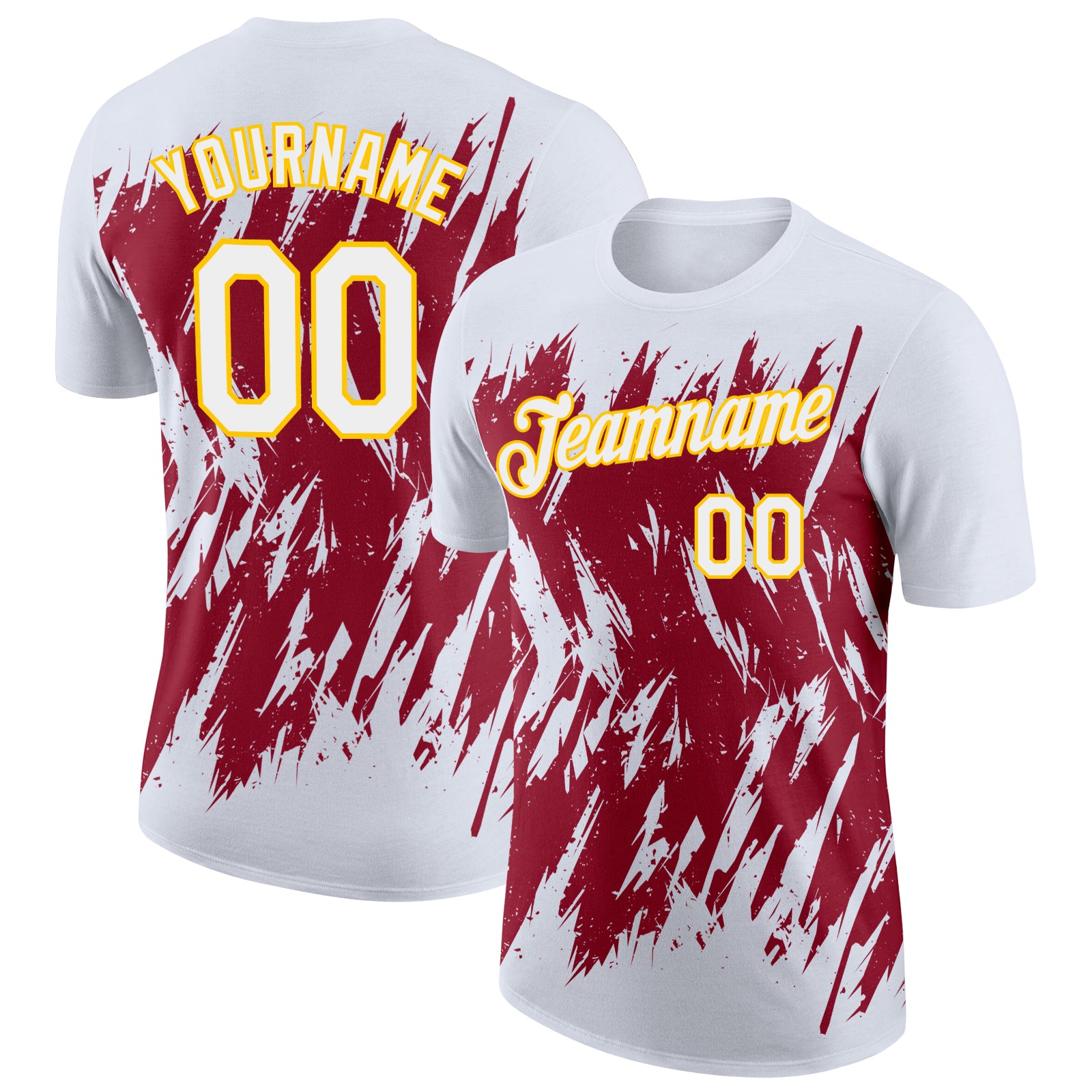 Custom White Crimson-Yellow Torn Sharp Brush Stroke Splatter Performance T-Shirt