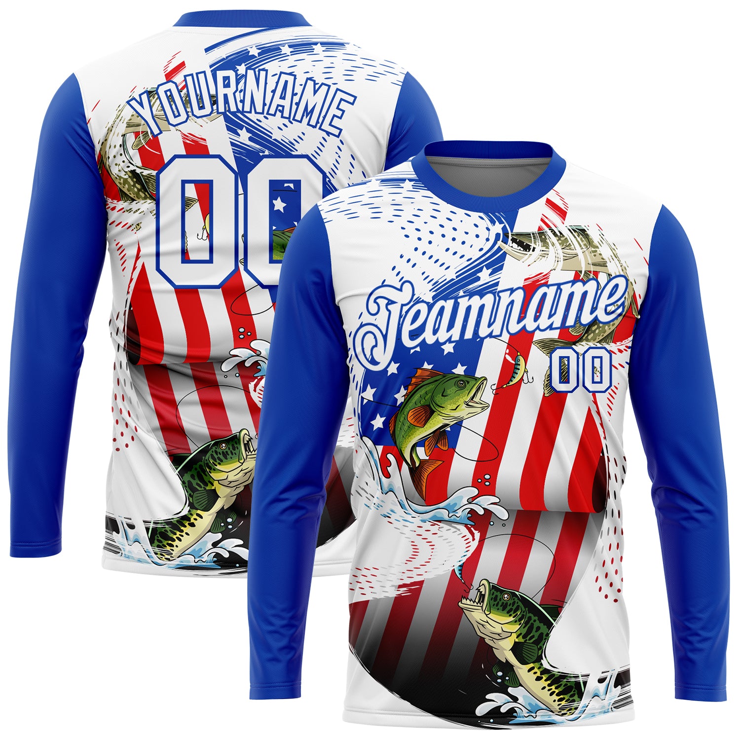 Custom White Fire Red-Thunder Blue Fishing Bass Fish American Flag Long Sleeve Performance T-Shirt