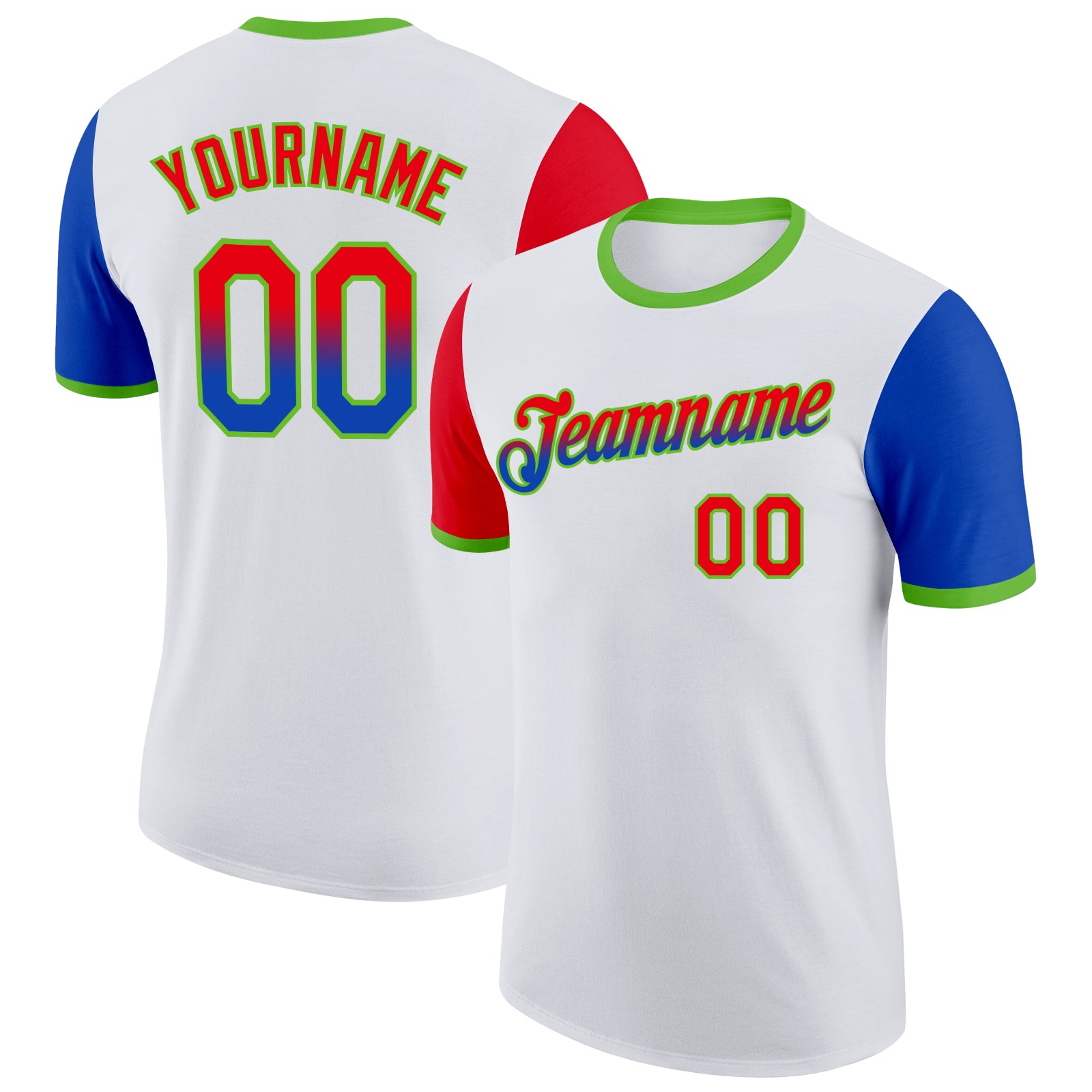 Custom White Fire Red Thunder Blue-Neon Green Gradient Two Tone Performance T-Shirt