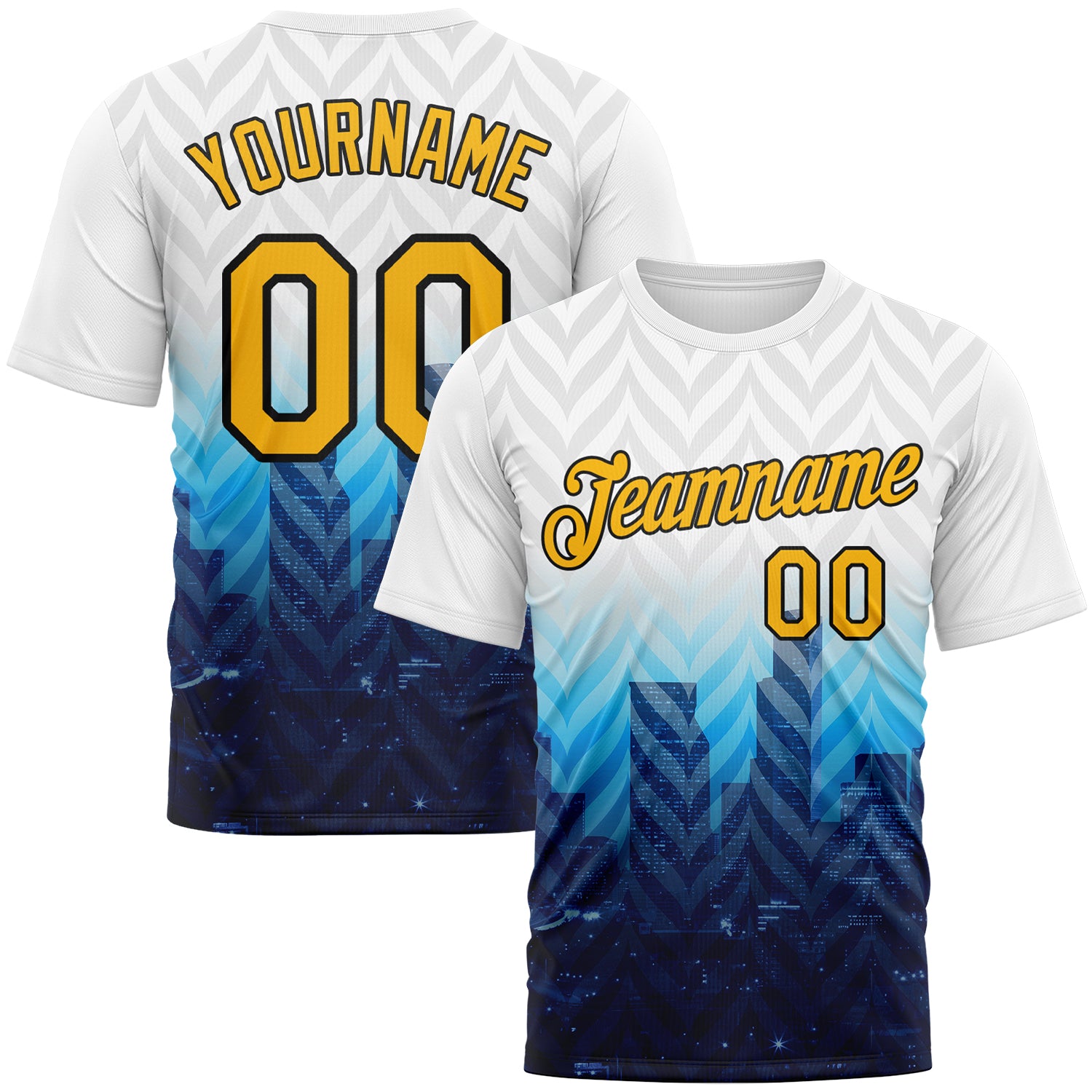 Custom White Gold Sky Blue Navy-Black 3D Pattern City Skyline Streetwear Performance T-Shirt