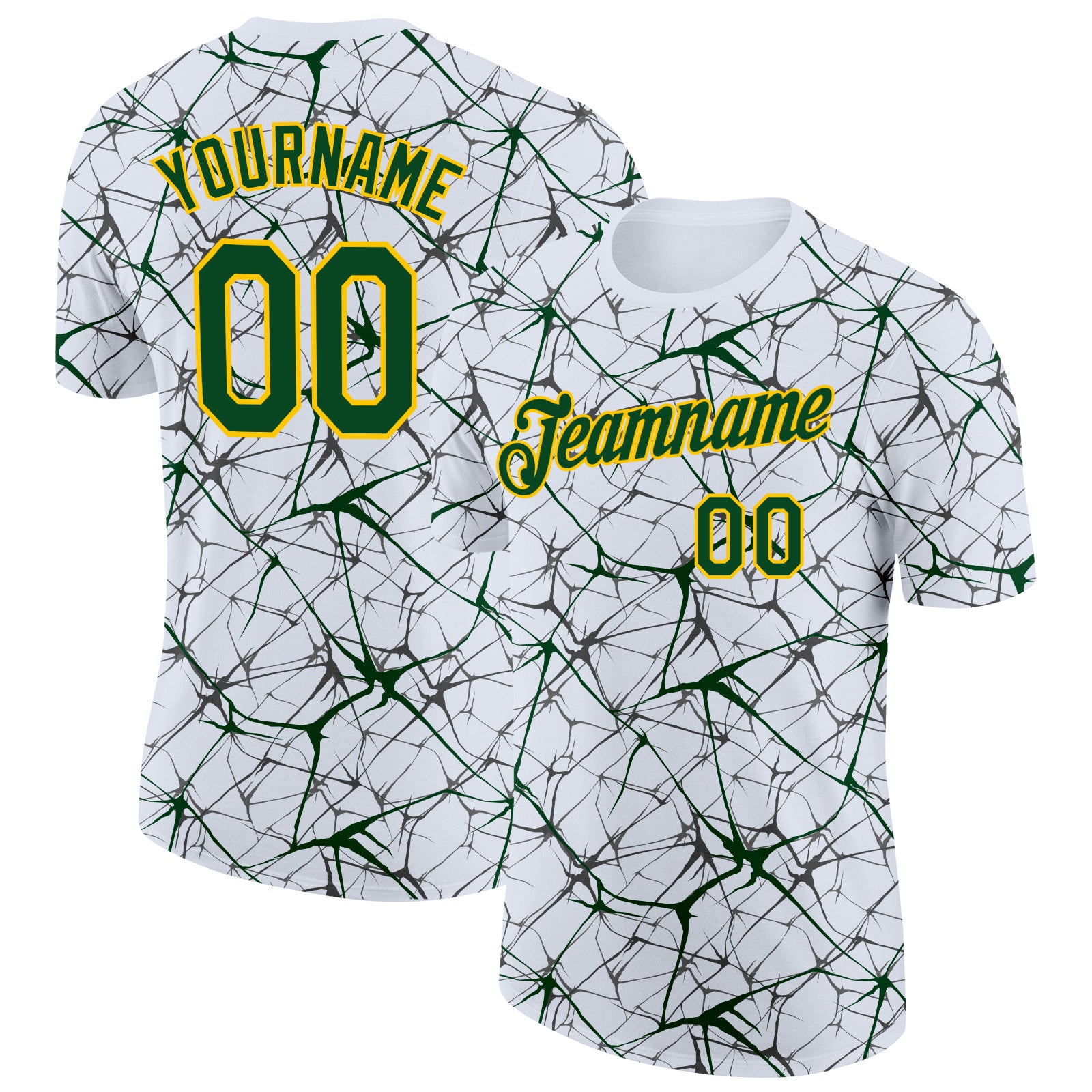Custom White Green Gray-Yellow Abstract Network Crackle Performance T-Shirt