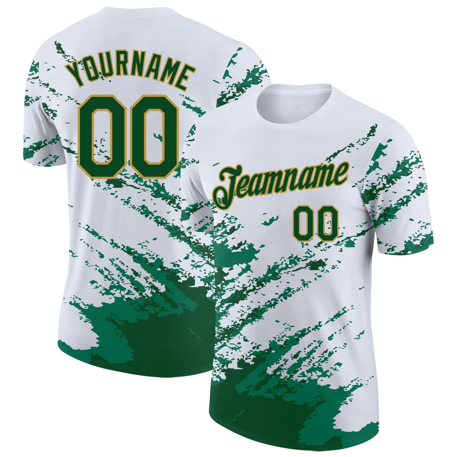 Custom White Green-Old Gold Brush Stroke Shatter Splatter Performance T-Shirt