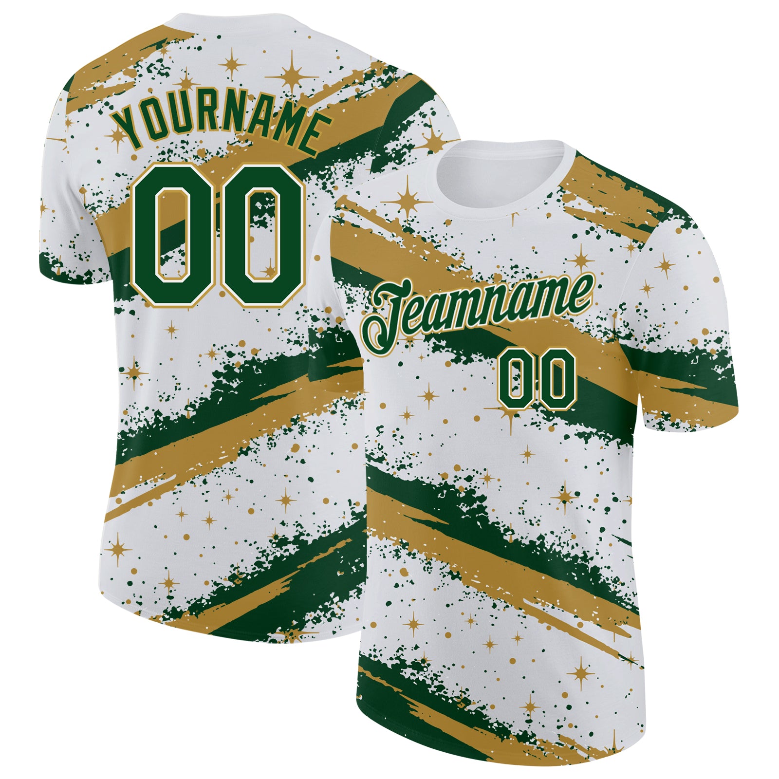 Custom White Green-Old Gold Brush Stroke Splatter Starburst Performance T-Shirt