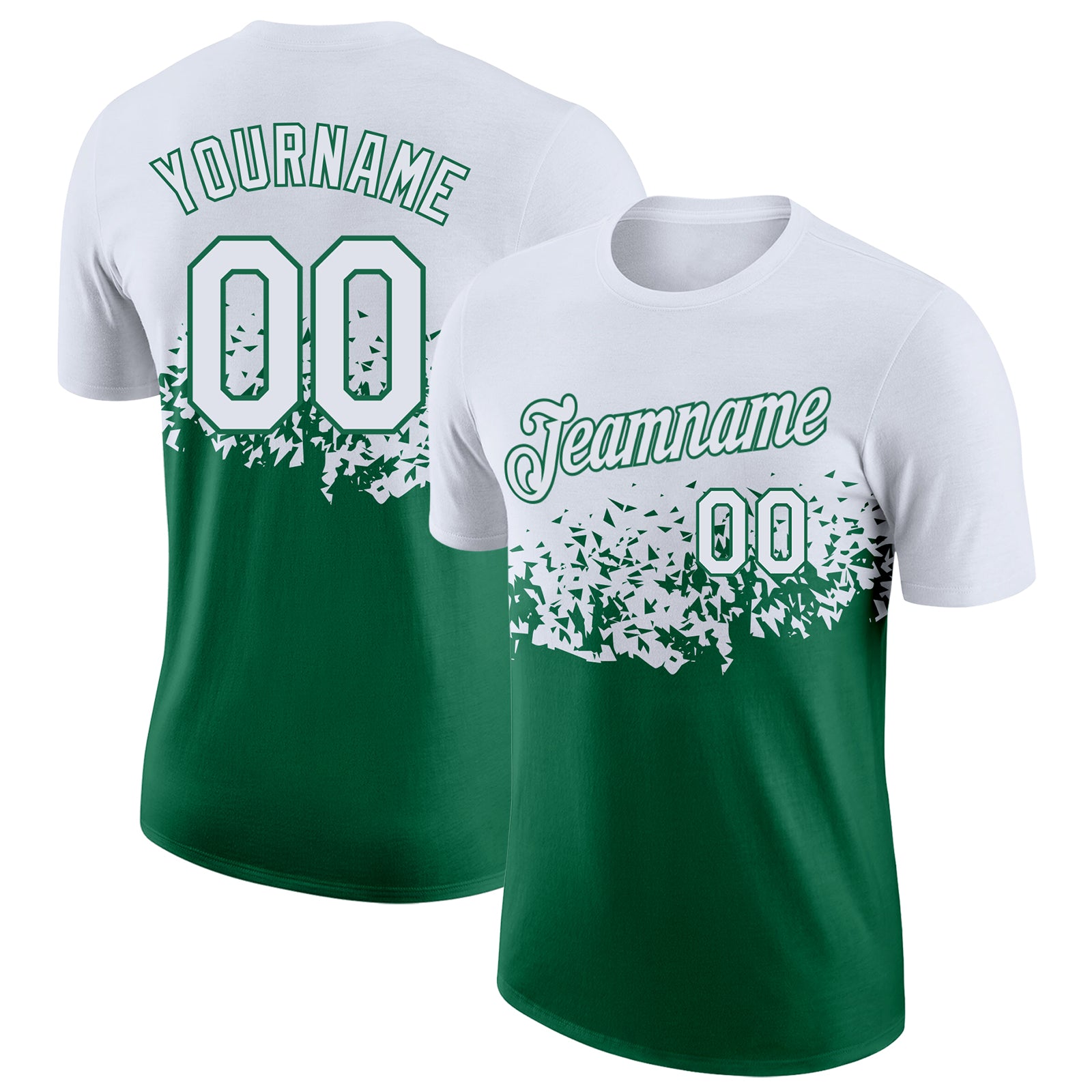 Custom White-Kelly Green Fade Geometric Splatter Fragmented Shards Performance T-Shirt