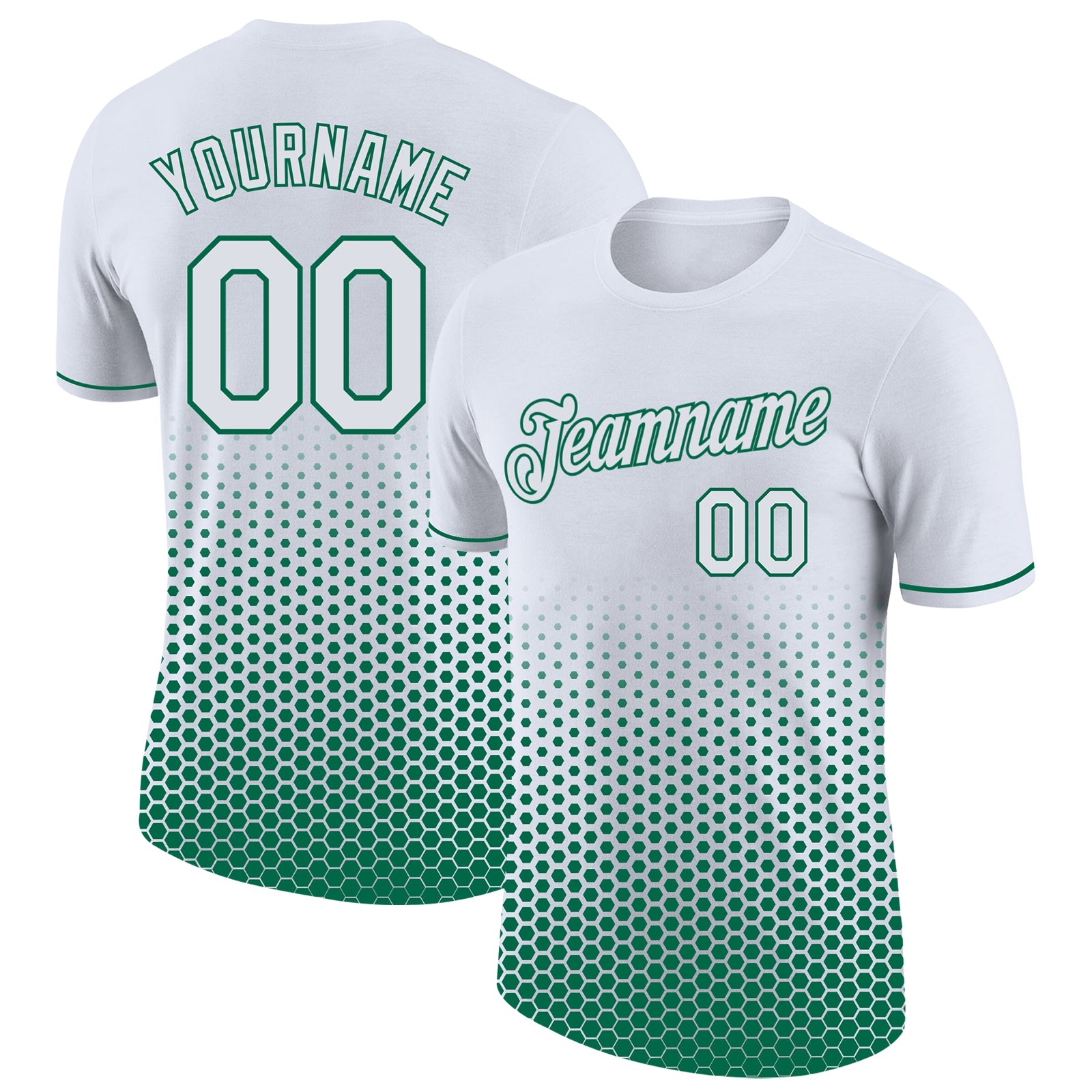 Custom White-Kelly Green Geometric Hexagonal Dot Gradient Performance T-Shirt