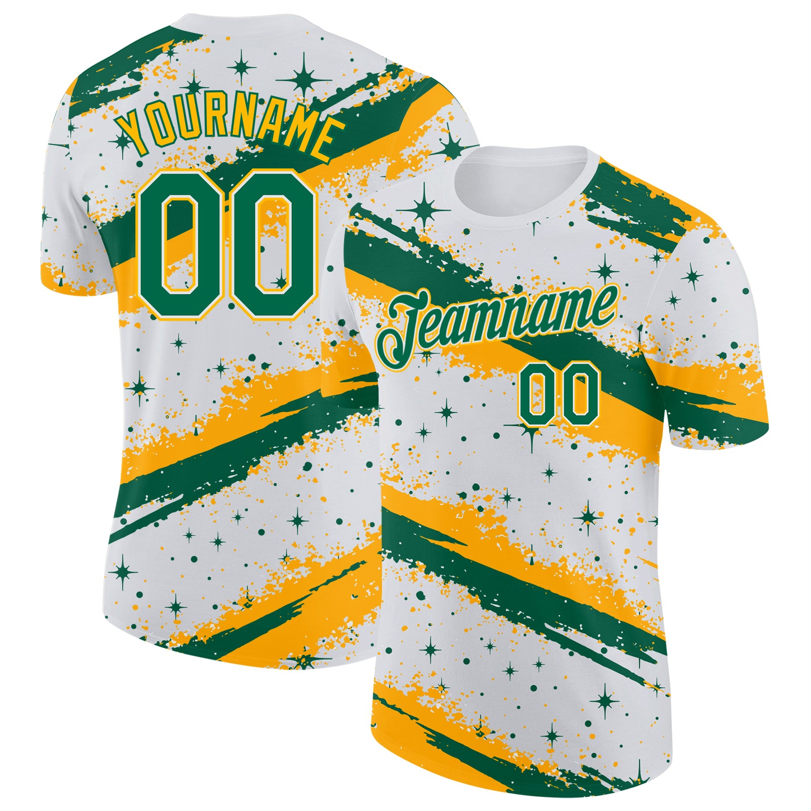 Custom White Kelly Green-Gold Brush Stroke Splatter Starburst Performance T-Shirt