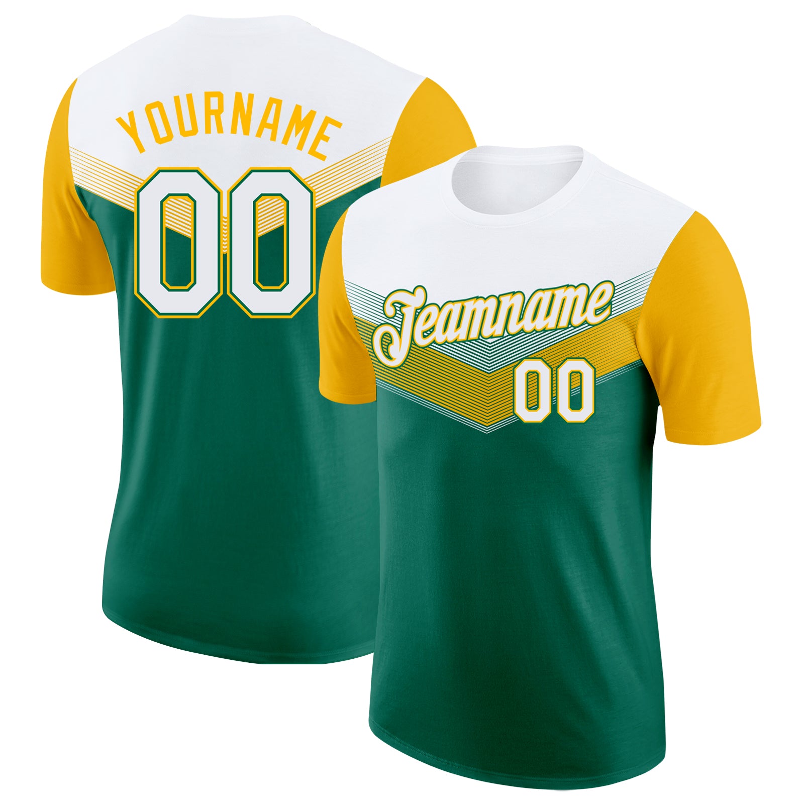 Custom White Kelly Green-Gold Geometric V-Lines Color Block Performance T-Shirt
