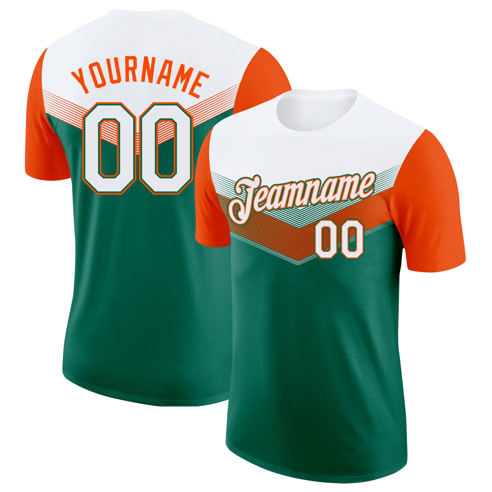 Custom White Kelly Green-Orange Geometric V-Lines Color Block Performance T-Shirt