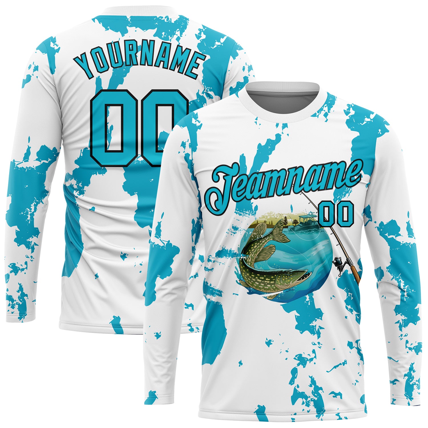 Custom White Lakes Blue-Black Fishing Bass Fish Long Sleeve Performance T-Shirt