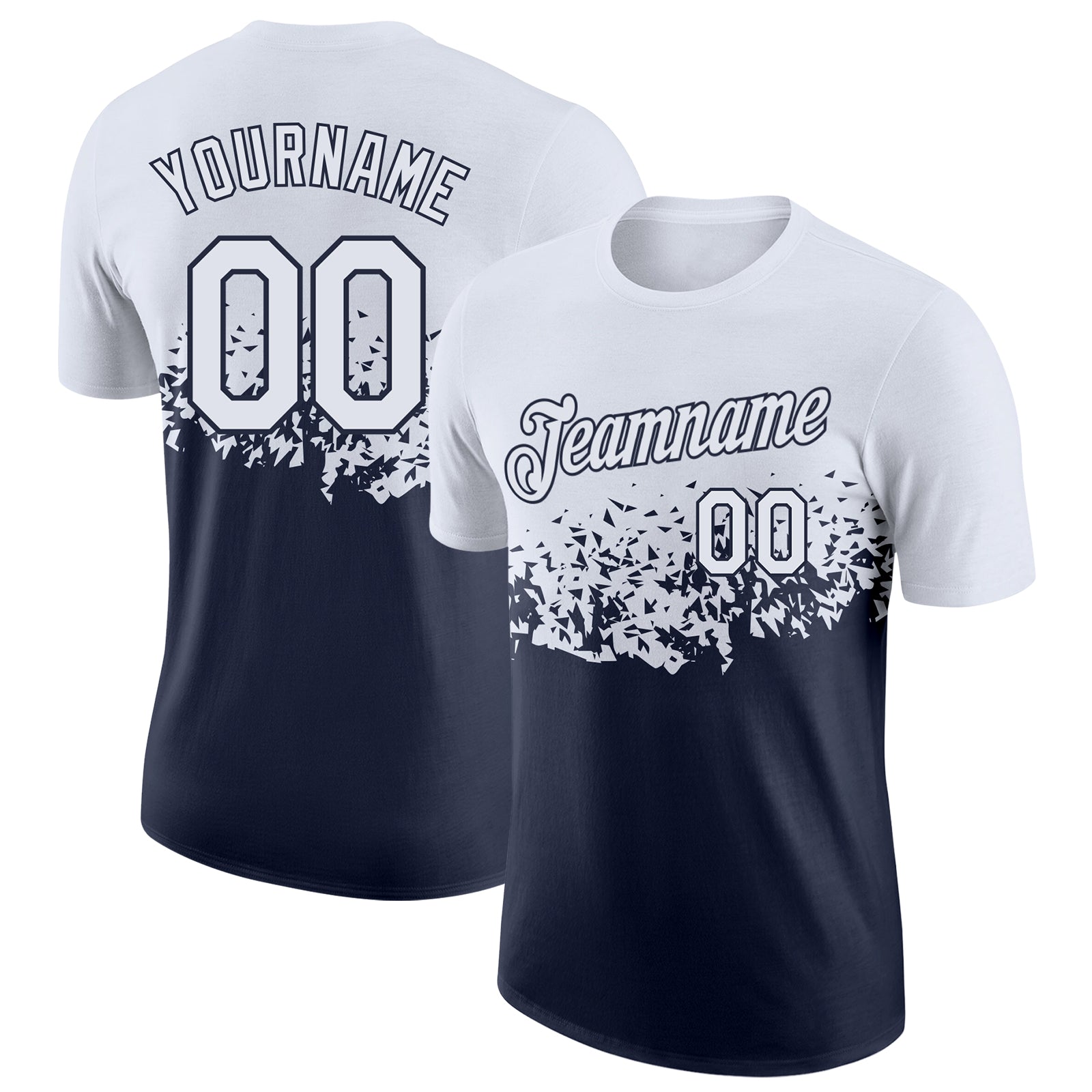 Custom White-Navy Fade Geometric Splatter Fragmented Shards Performance T-Shirt