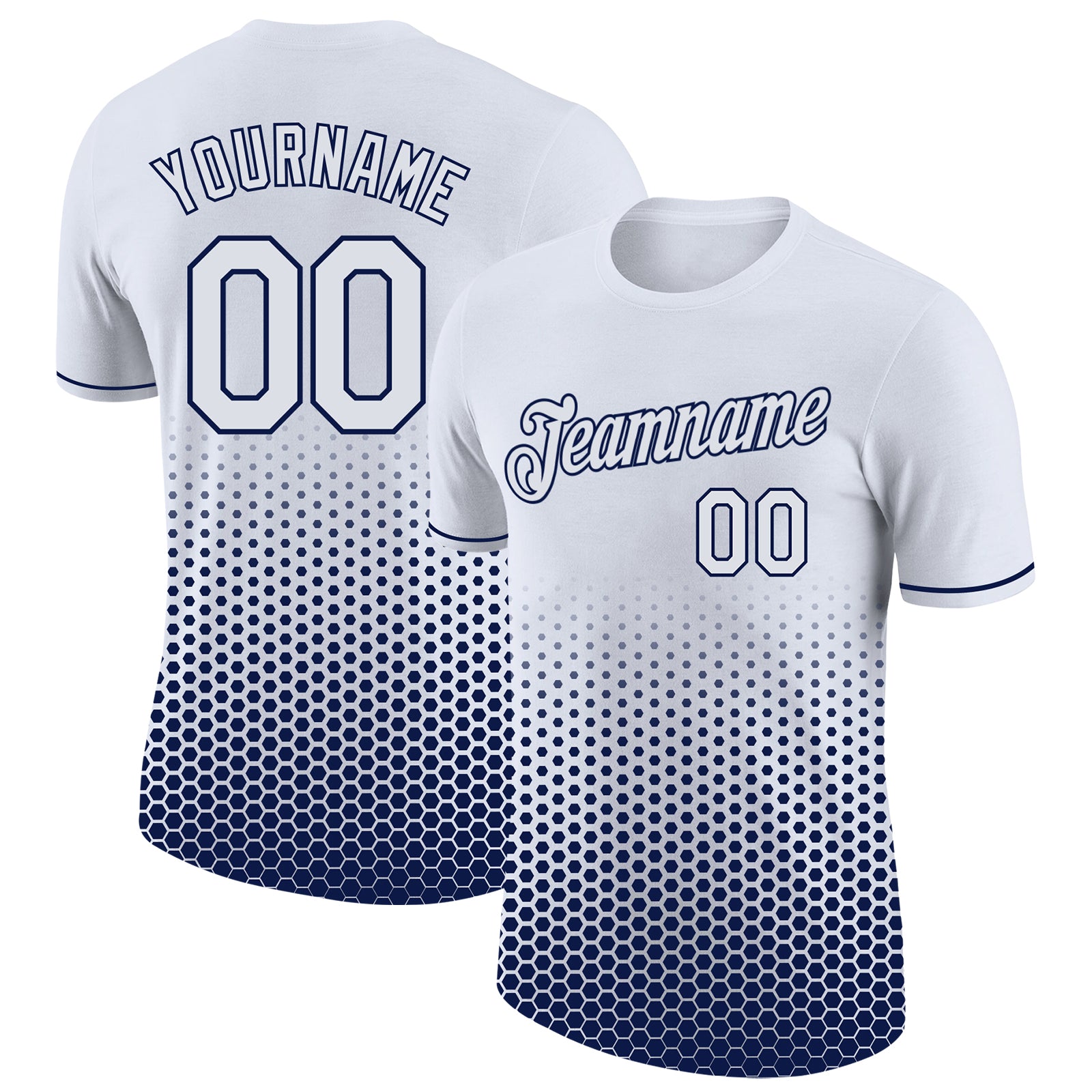Custom White-Navy Geometric Hexagonal Dot Gradient Performance T-Shirt