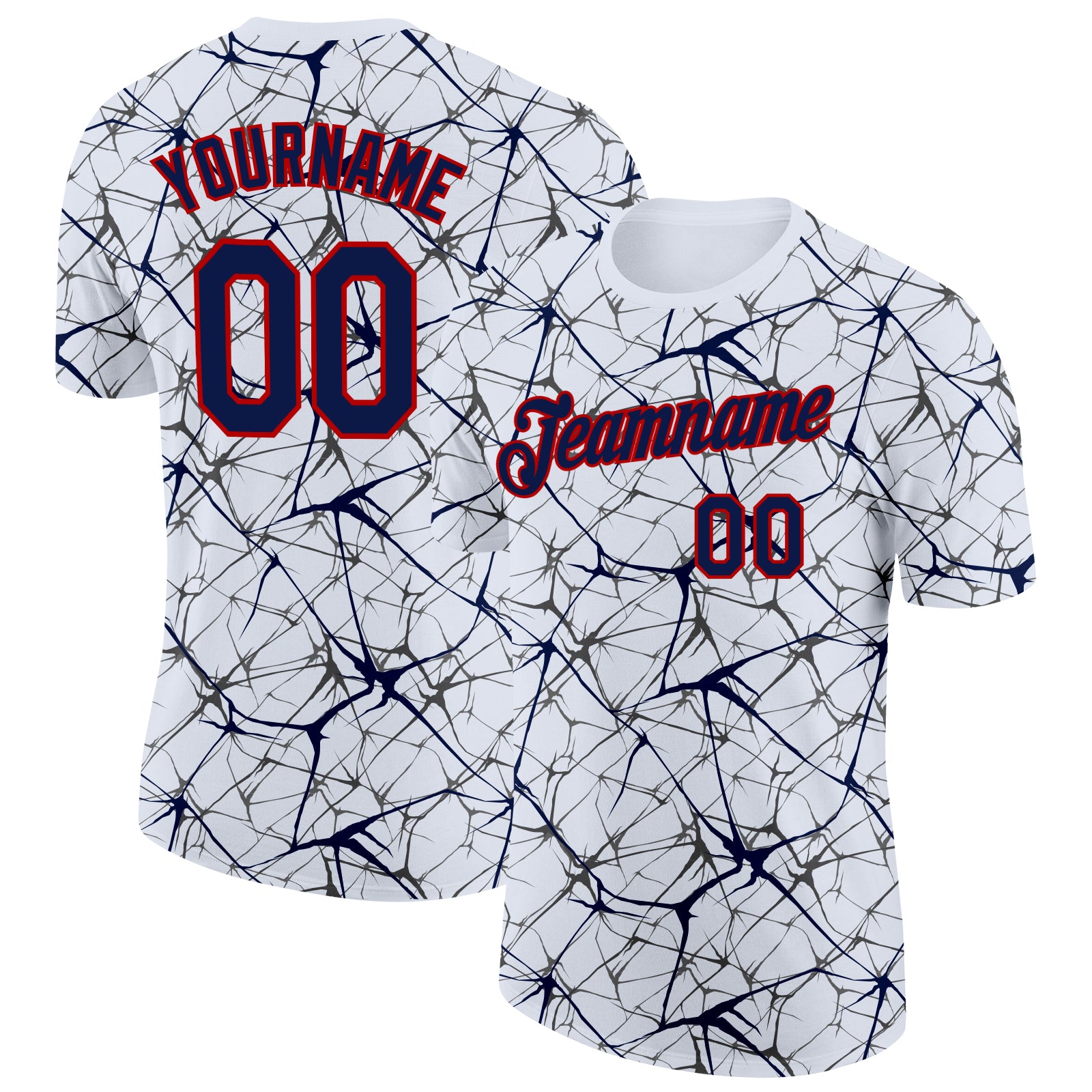 Custom White Navy Gray-Red Abstract Network Crackle Performance T-Shirt