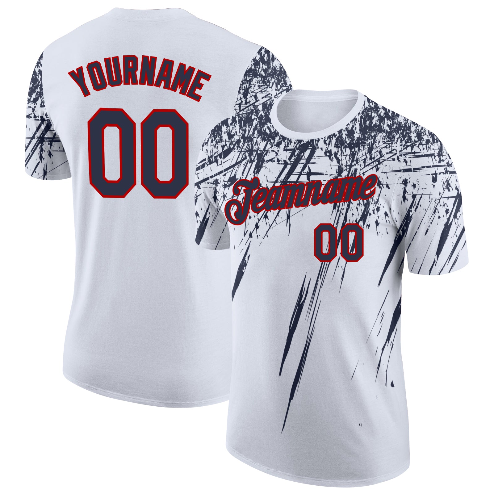 Custom White Navy-Red Distressed Scratch Brush Stroke Performance T-Shirt