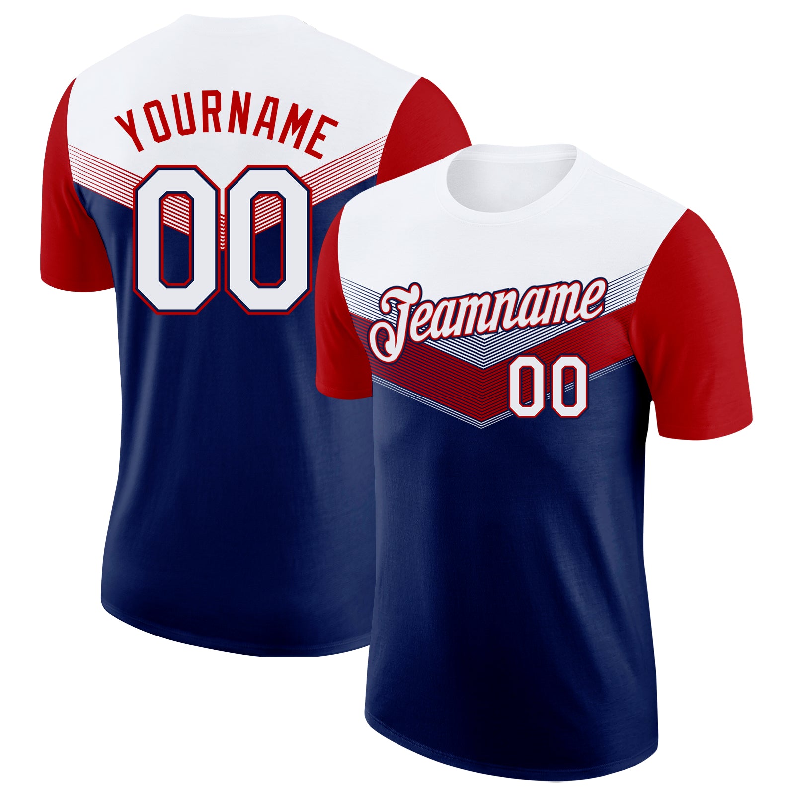 Custom White Navy-Red Geometric V-Lines Color Block Performance T-Shirt