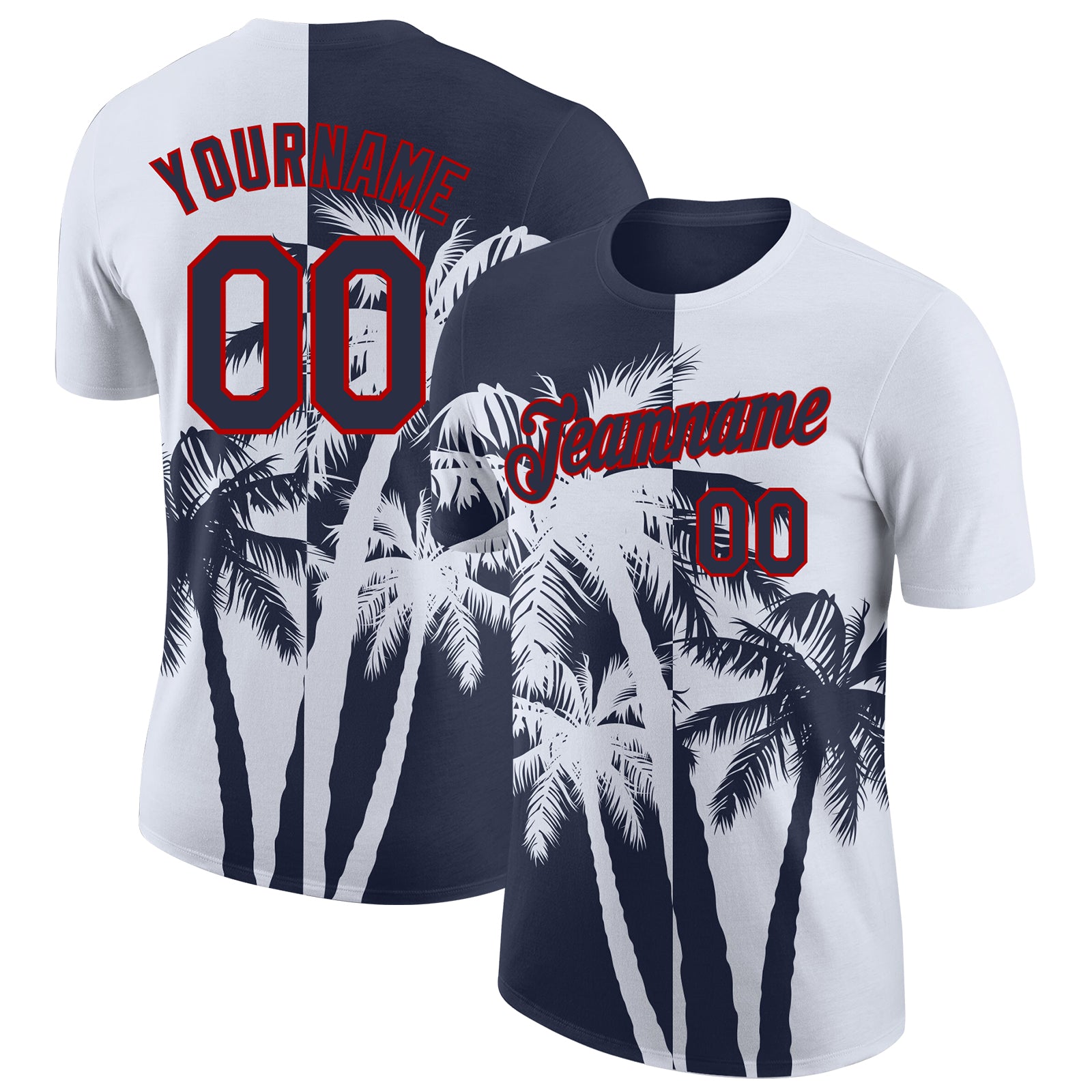 Custom White Navy-Red Hawaii Tropical Coastal Palm Trees Performance T-Shirt
