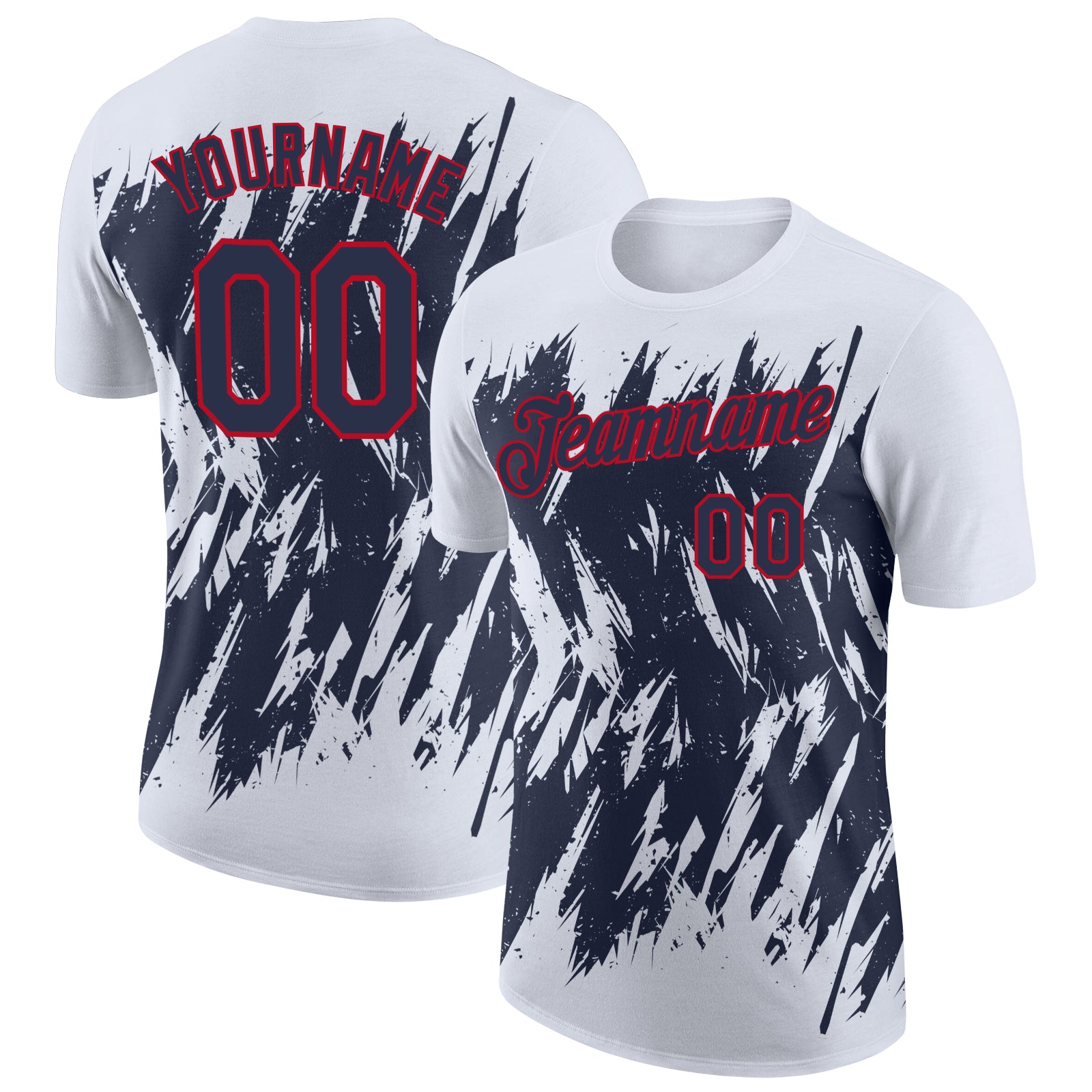 Custom White Navy-Red Torn Sharp Brush Stroke Splatter Performance T-Shirt