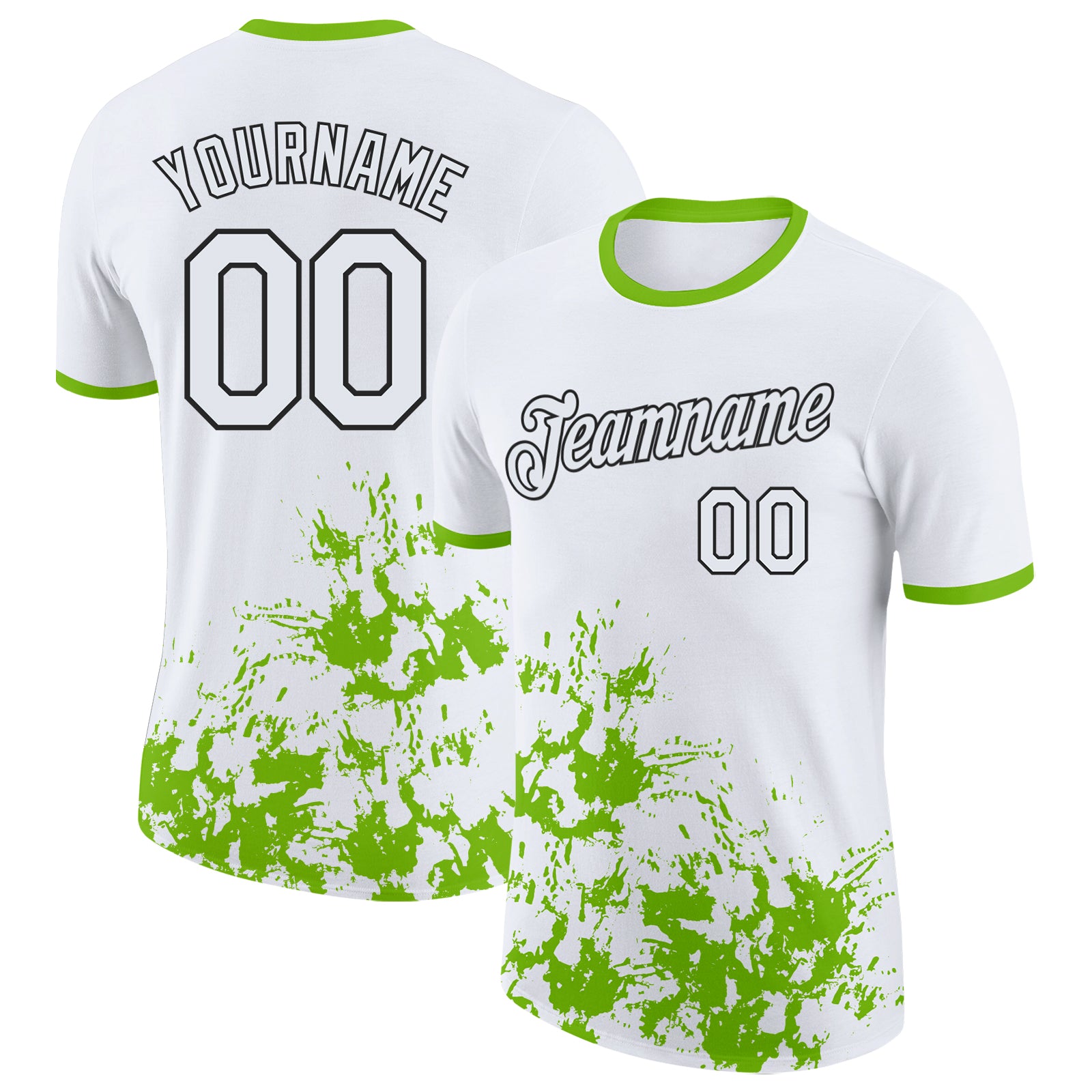 Custom White Neon Green-Black Brush Stroke Splatter Performance T-Shirt