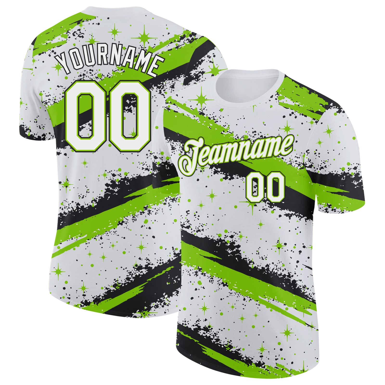 Custom White Neon Green-Black Brush Stroke Splatter Starburst Performance T-Shirt